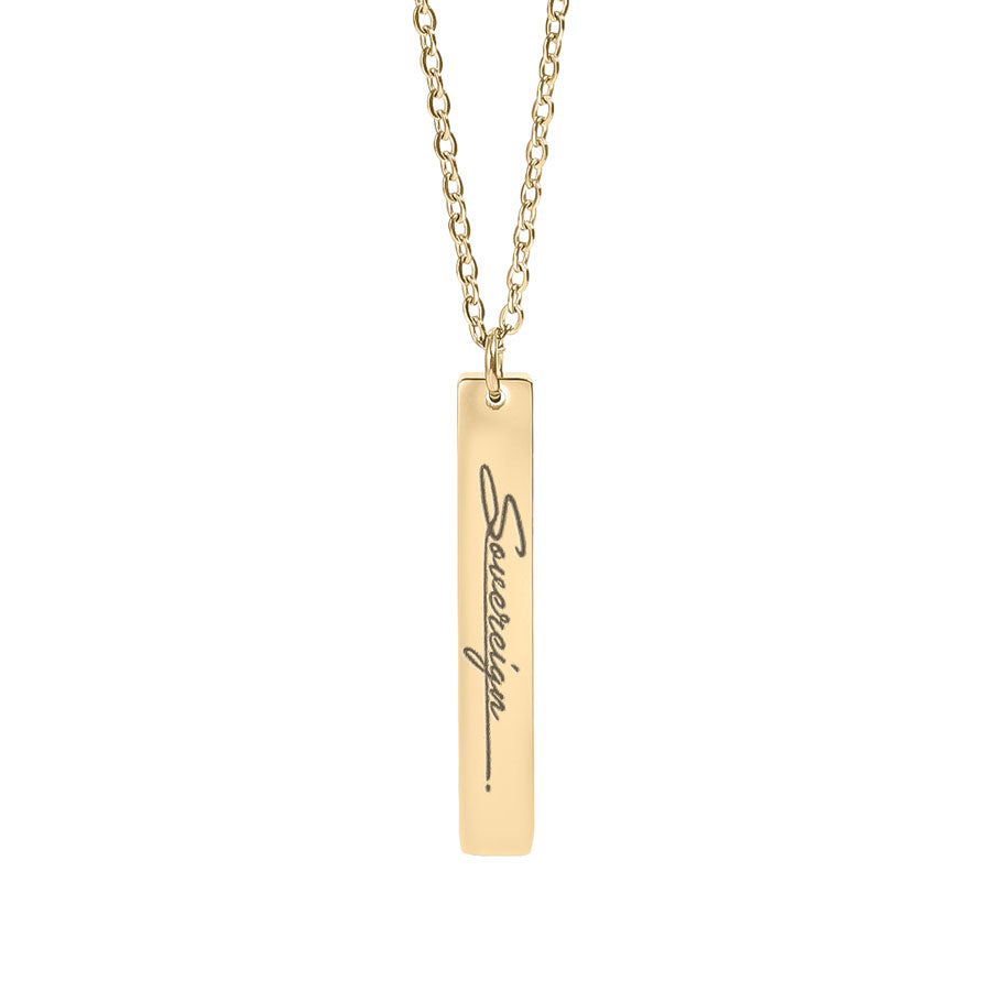 Gold necklace with a bar pendant featuring the word 'Sovereign' on a white background