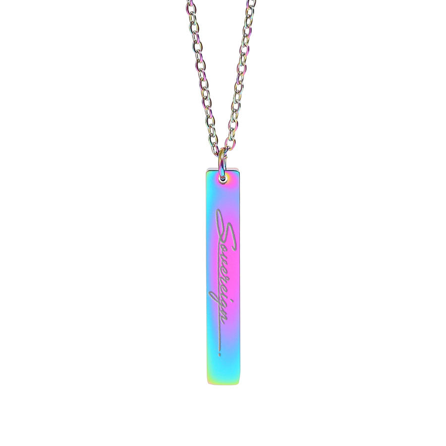Necklace with a colorful sovereign pendant on a white background