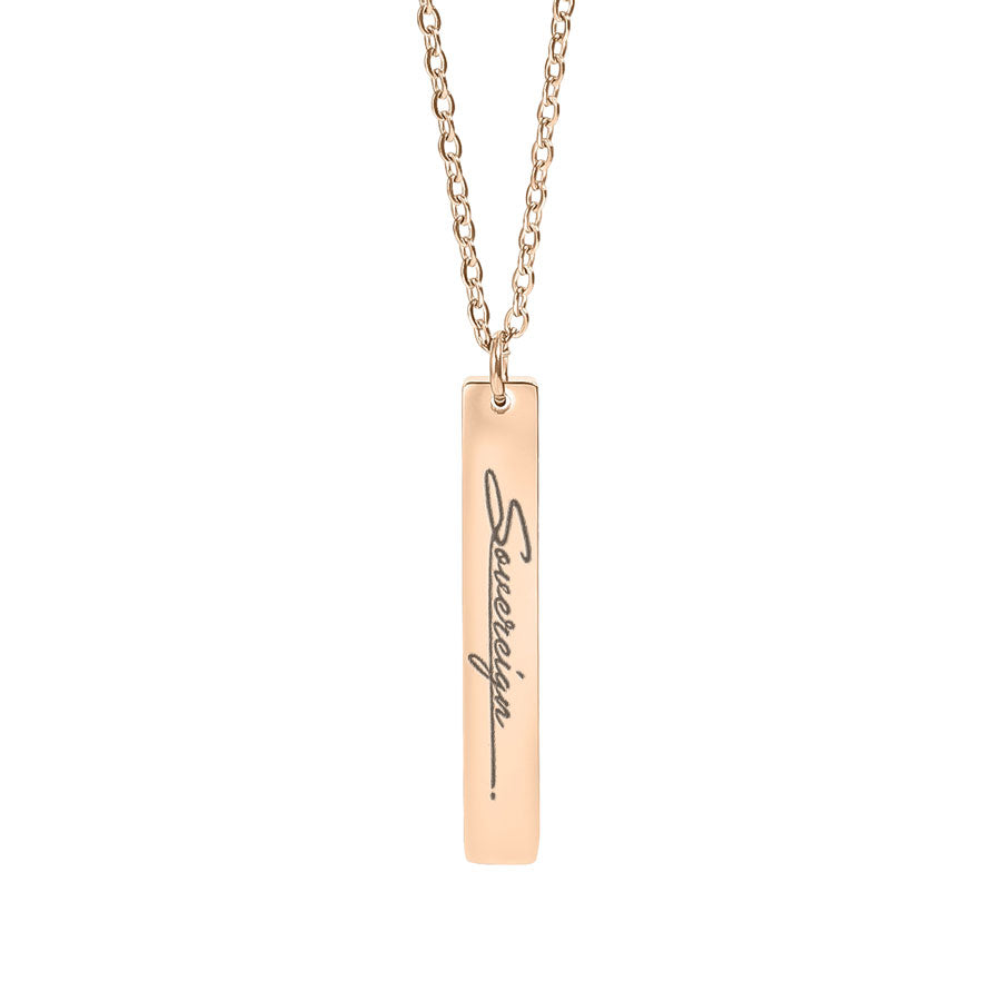 Rose gold necklace with a bar sovereign pendant on a white background