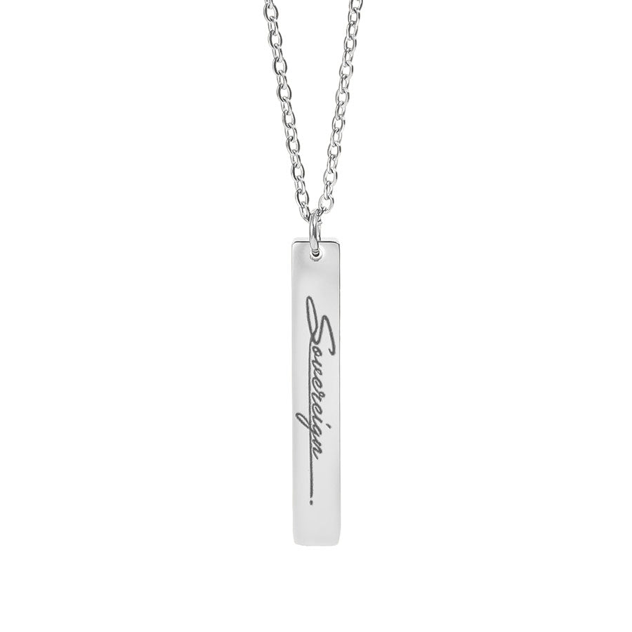 Silver necklace with a bar sovereign pendant on a white background