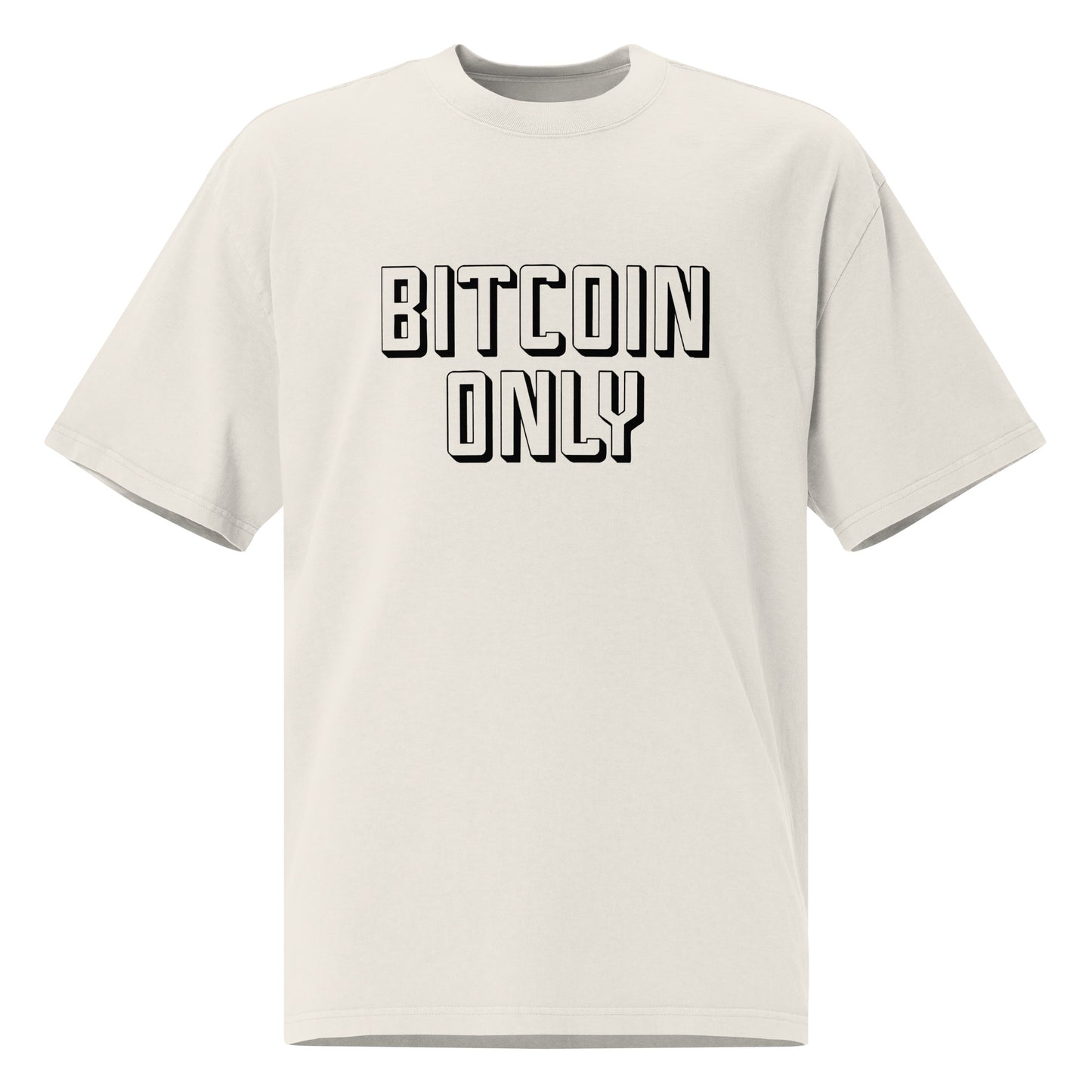 White t-shirt with 'BITCOIN ONLY' text on a white background