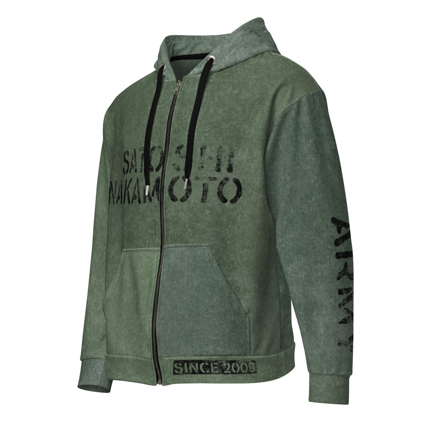 Green hoodie with satoshi nakamoto army text on a white background