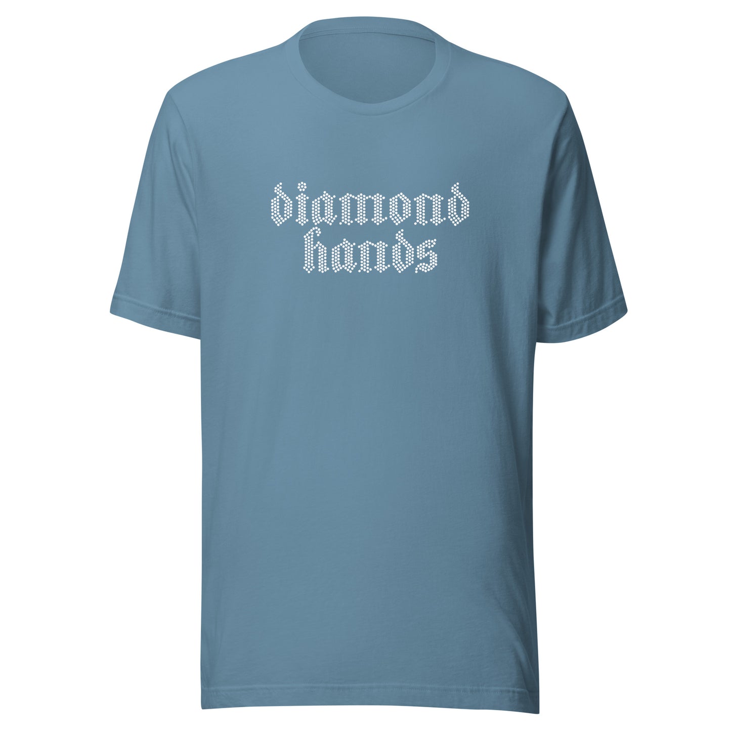 Blue t-shirt with 'diamond hands' text on a white background