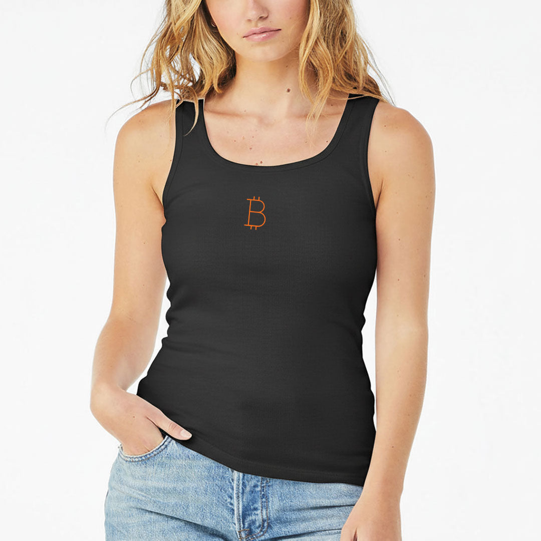 Person wearing a black tank top with a Bitcoin symbol on a white background