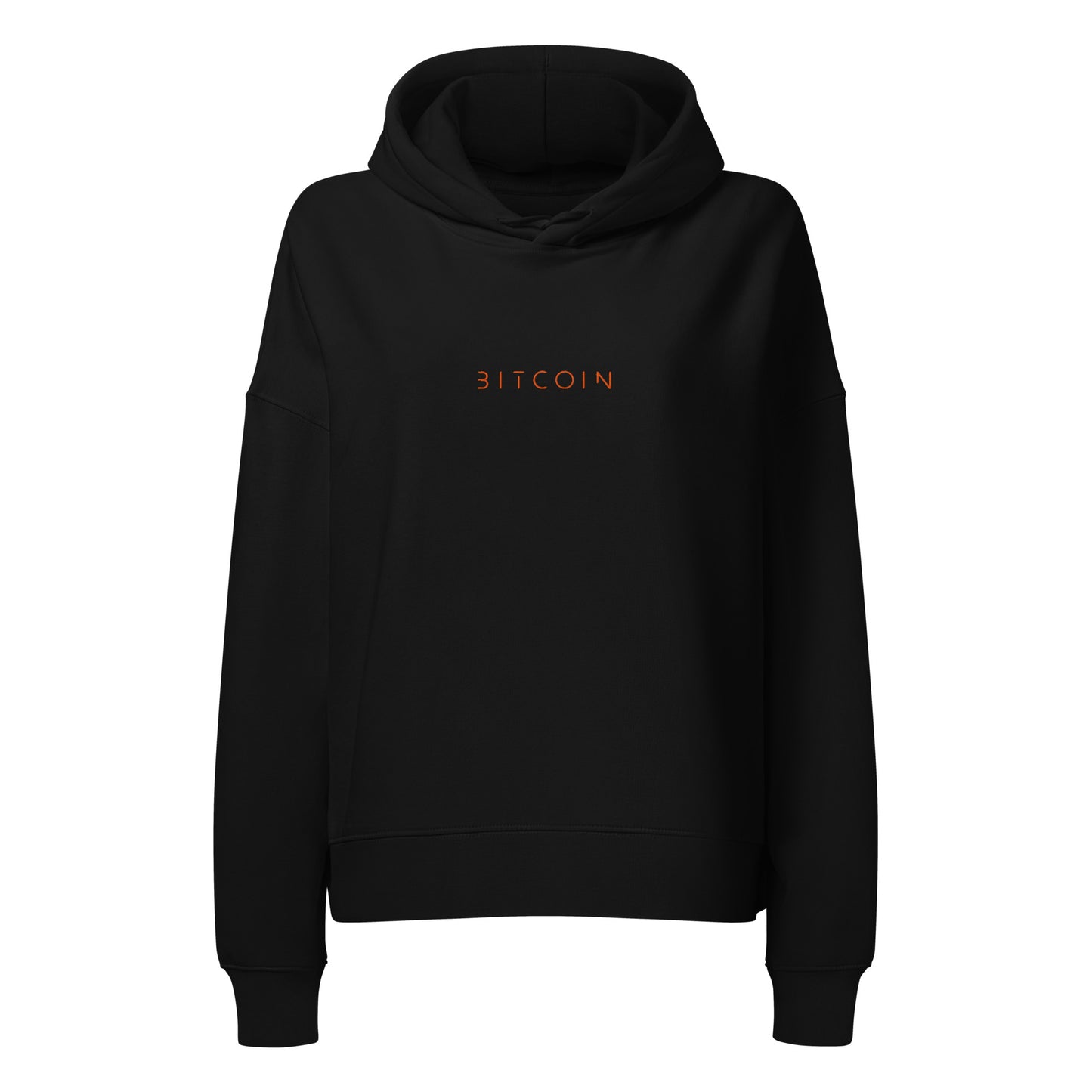 Black hoodie with 'BITCOIN' text on a white background