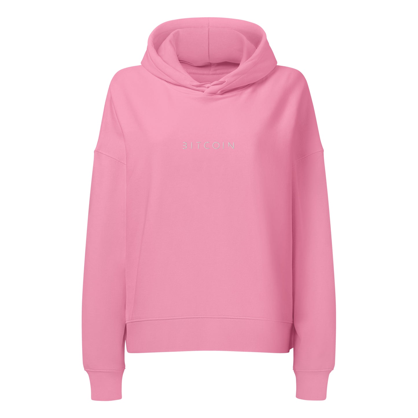 Pink hoodie with bitcoin text on a white background