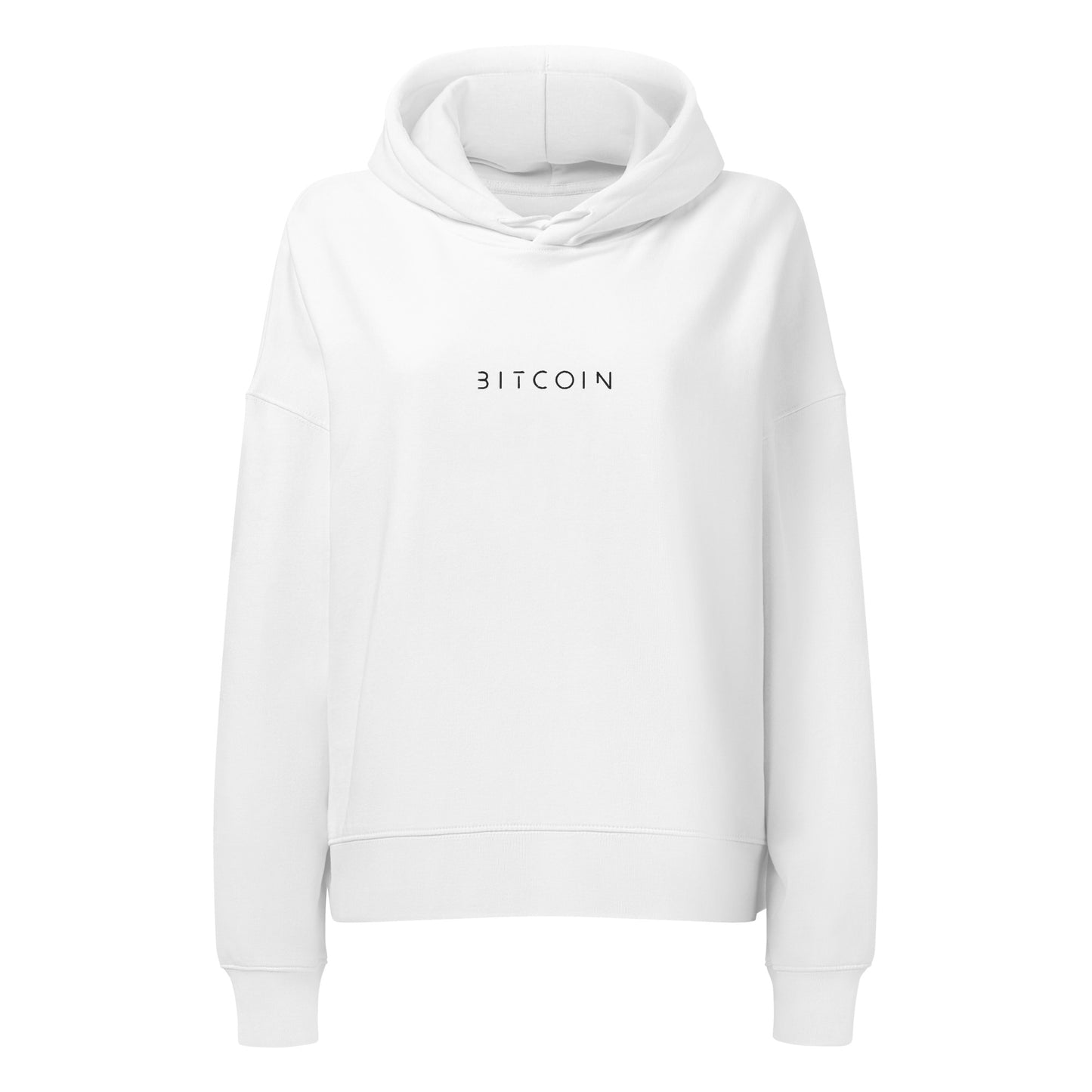 White hoodie with 'BITCOIN' text on a white background