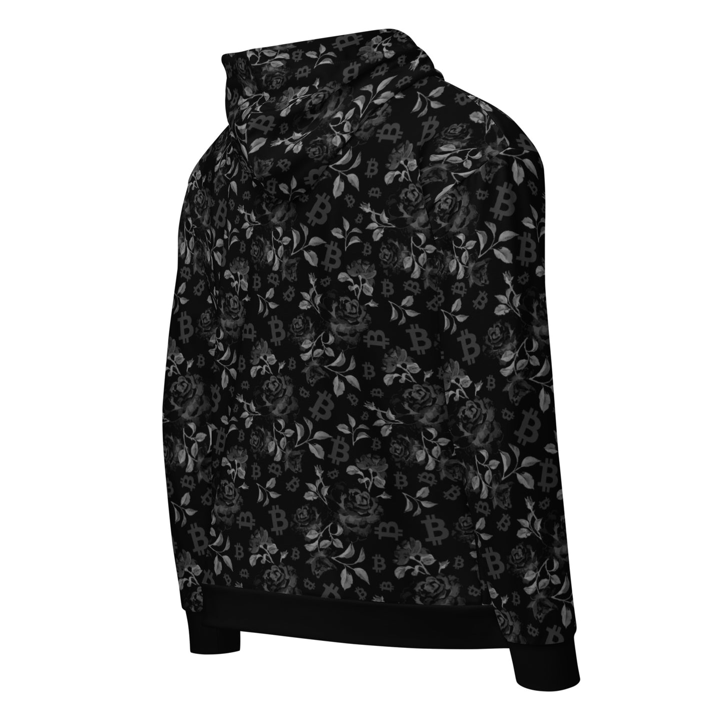 Black floral bitcoin patterned hoodie on a white background