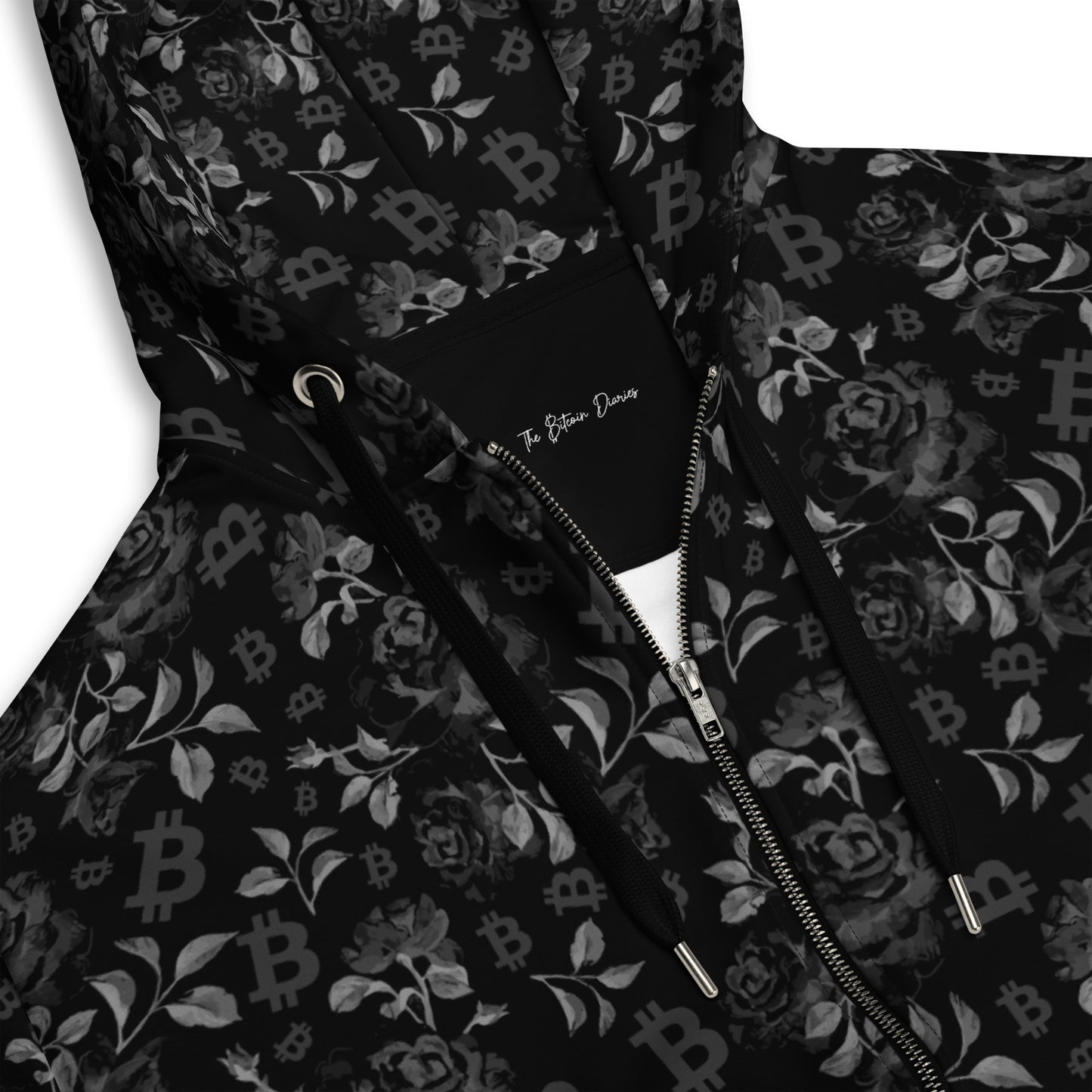 Black hoodie with Bitcoin and floral pattern on a white background