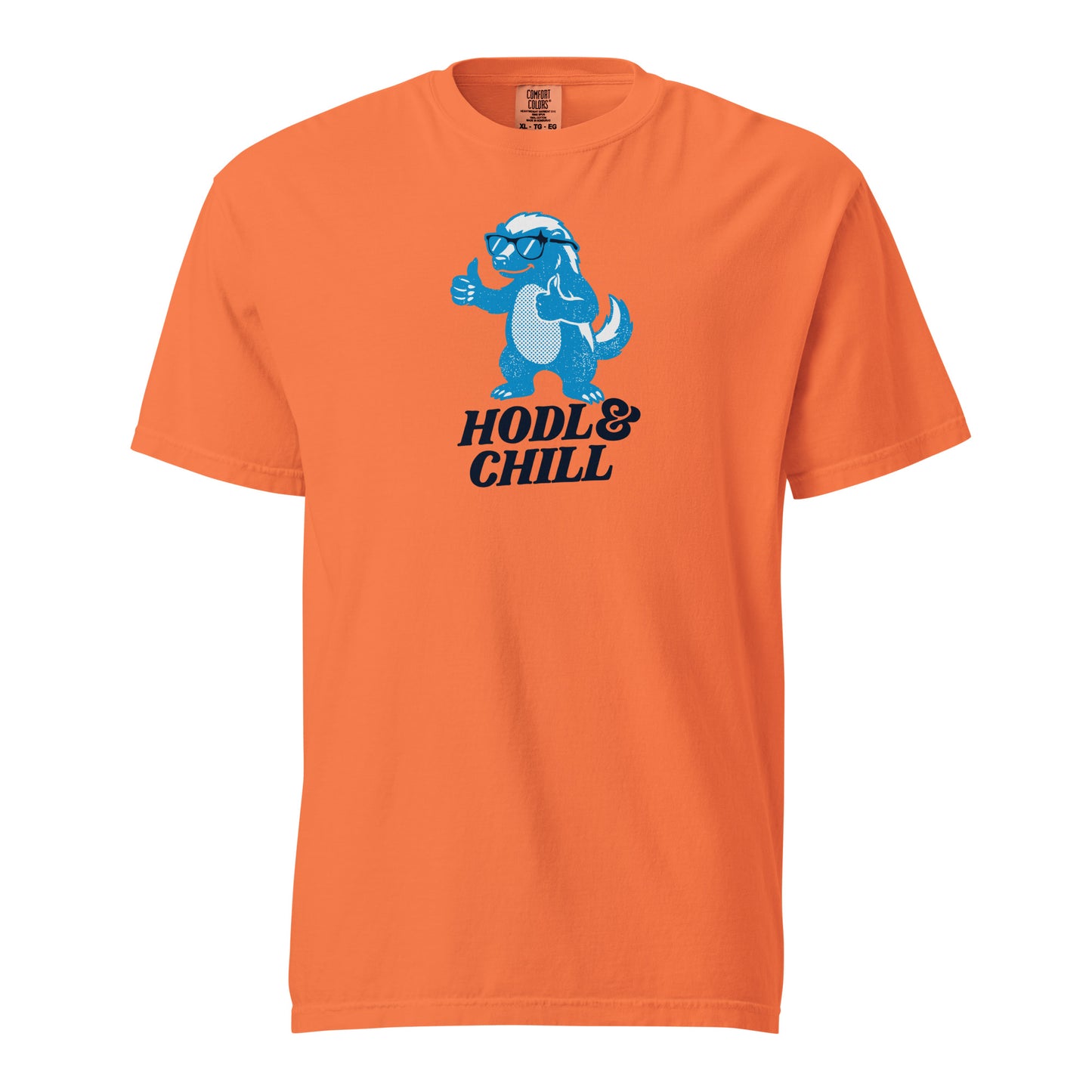 Orange t-shirt with a graphic of a blue honey badger and 'HODL & CHILL' text on a white background