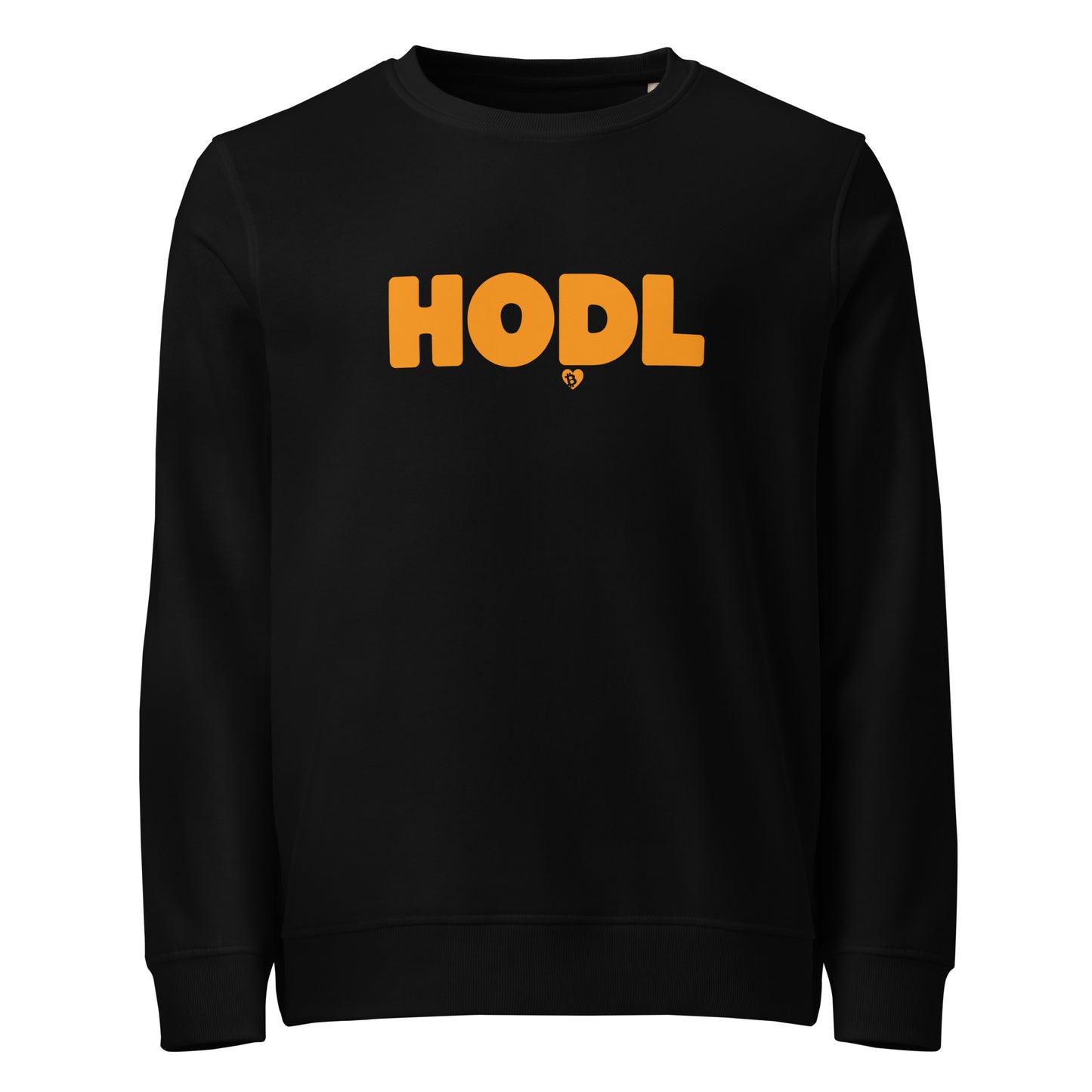 Black sweatshirt with 'HODL' printed in orange on a white background