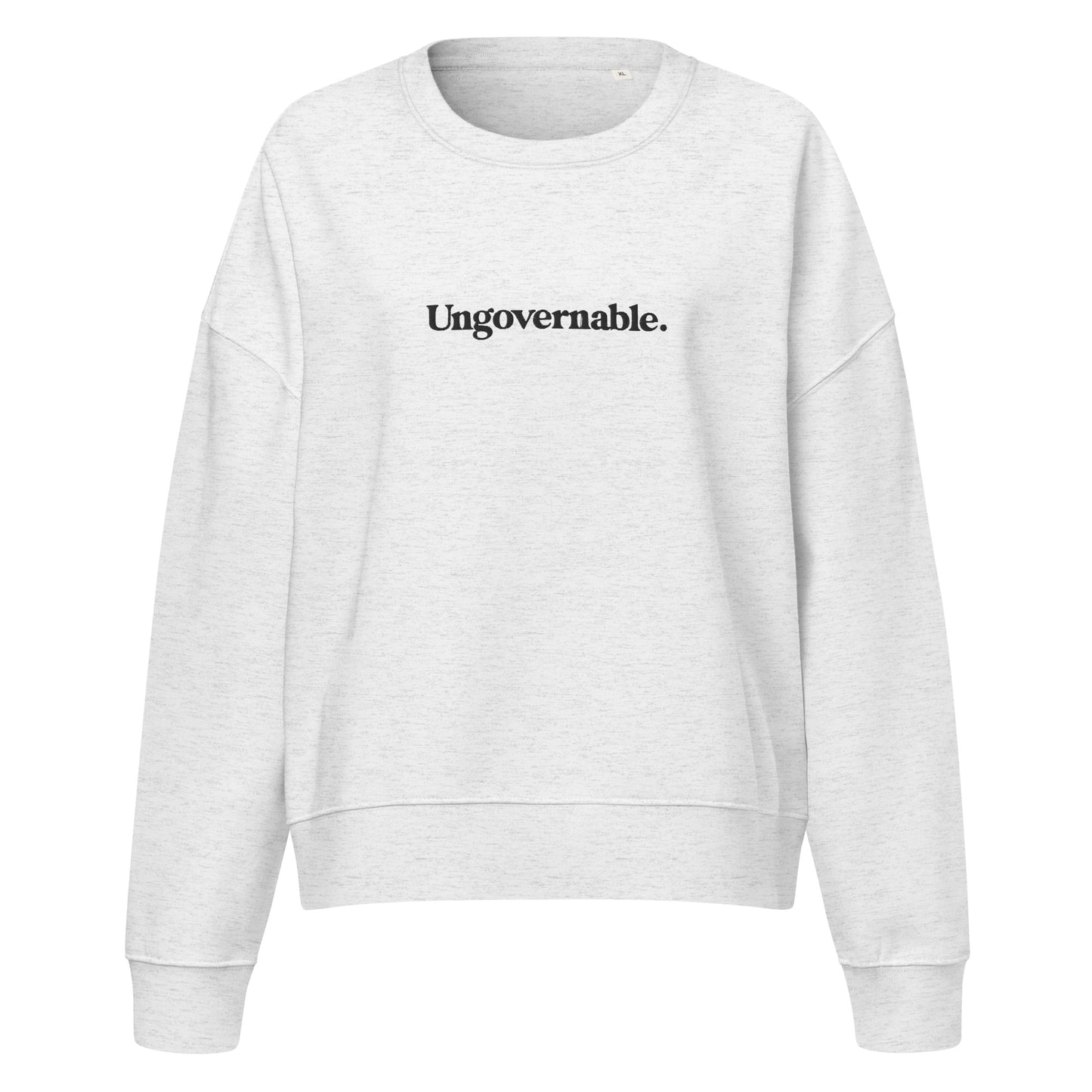 Gray sweatshirt with 'Ungovernable' text on a white background