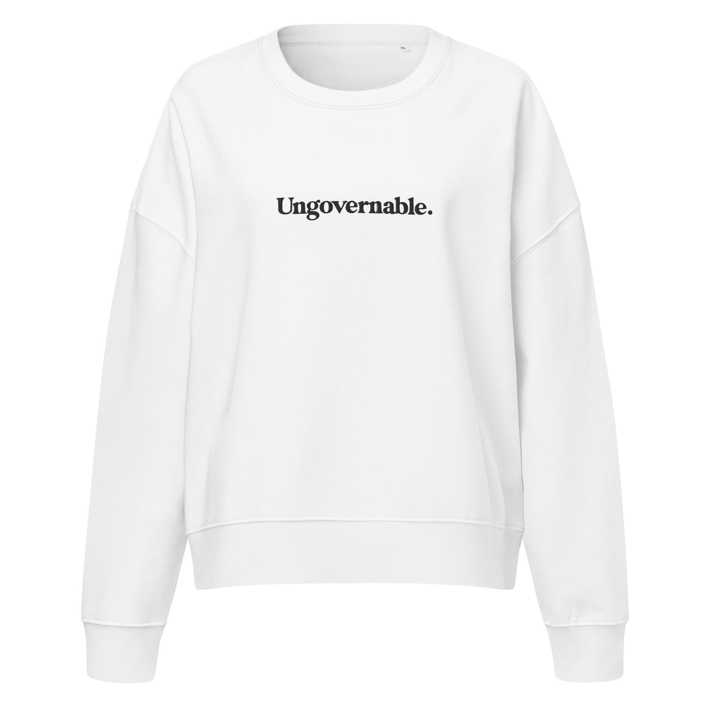 White sweatshirt with 'Ungovernable' text on a white background