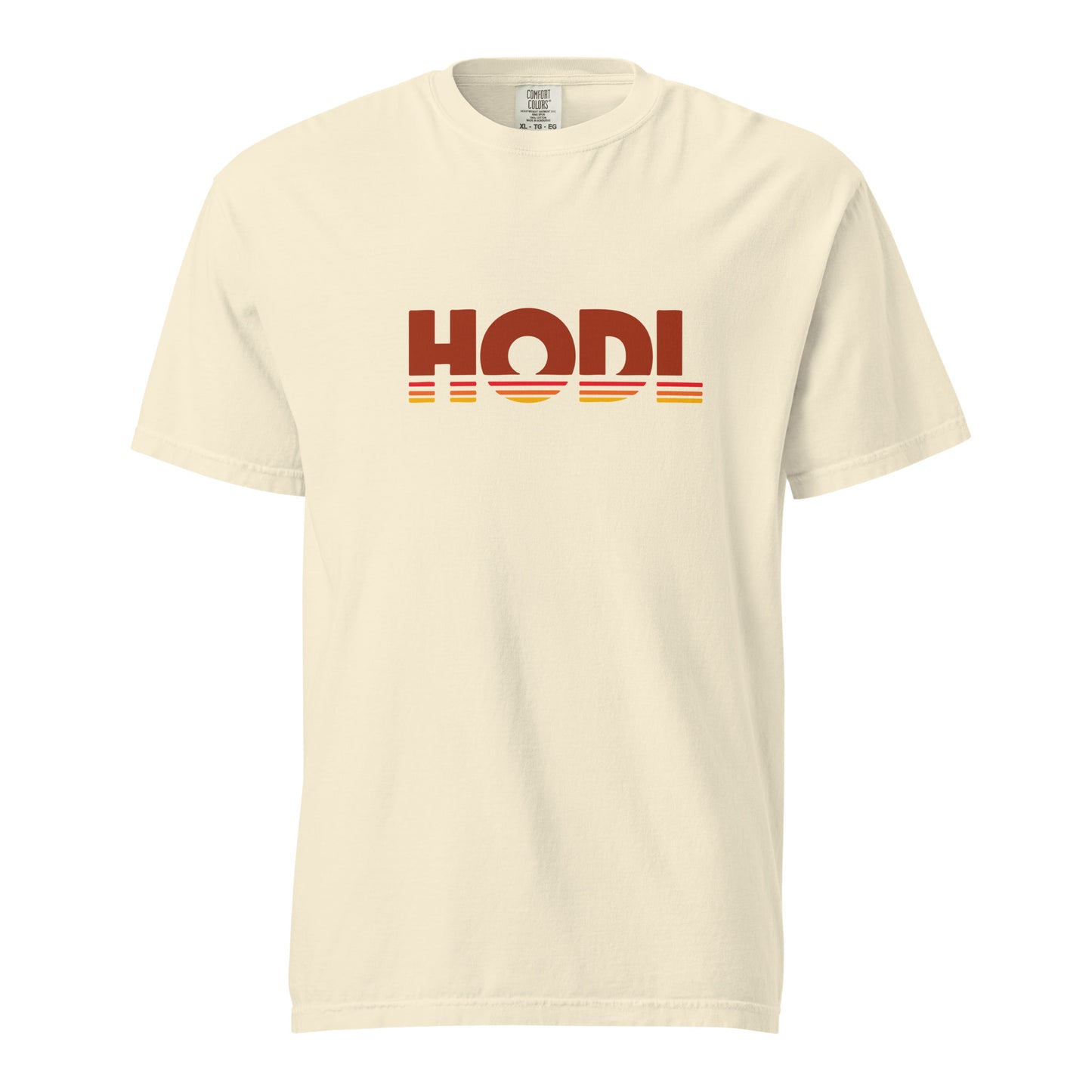 Beige t-shirt with 'HODL' printed on it against a white background