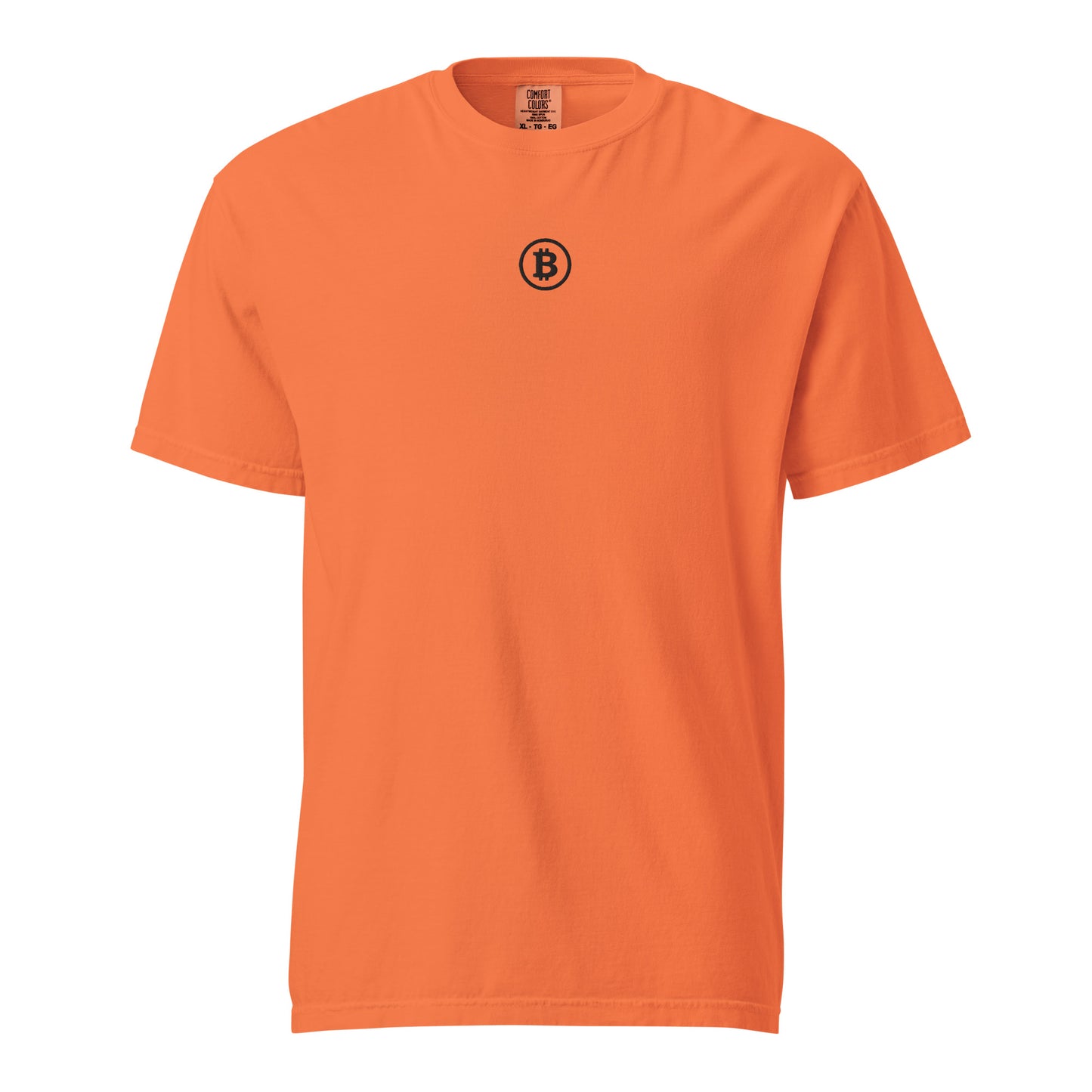 Orange t-shirt with a michael saylor black logo on a white background