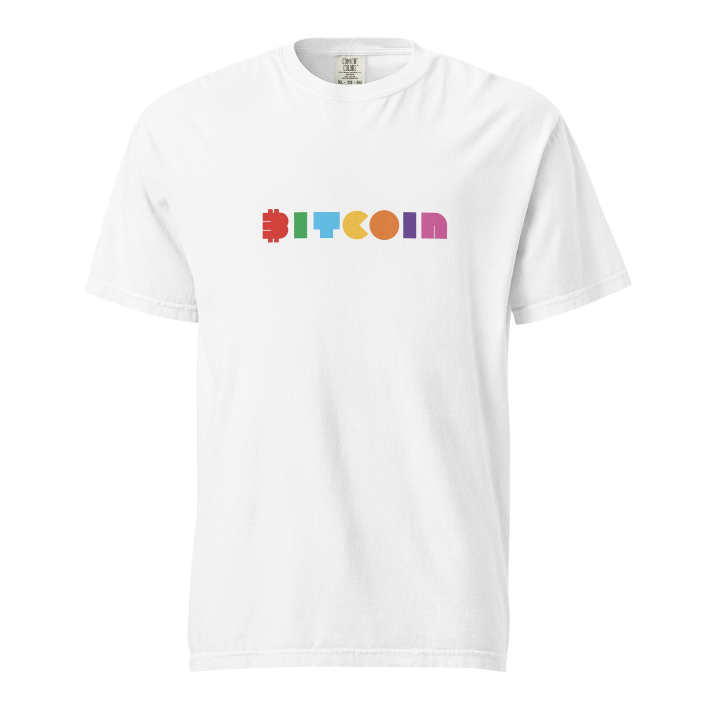 White t-shirt with colorful Bitcoin logo on a white background