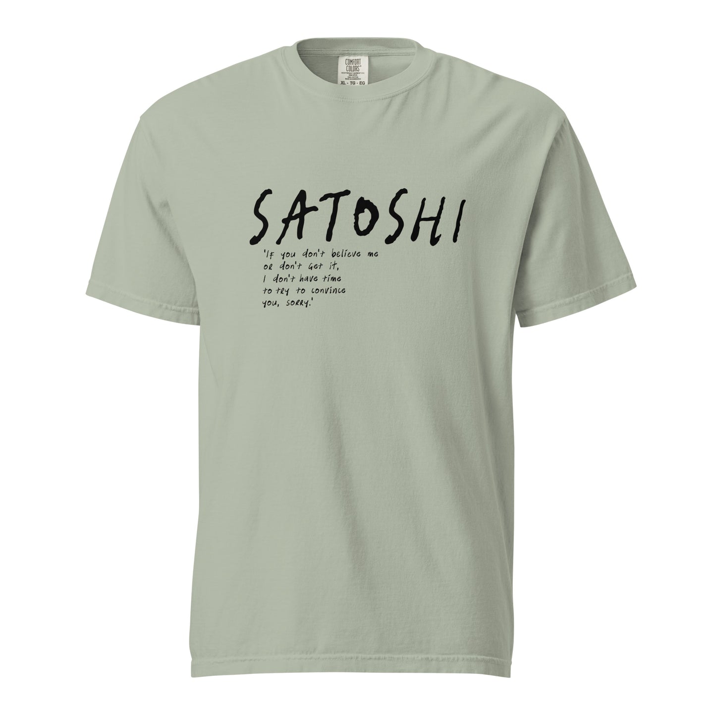 Light green t-shirt with black satoshi quote text on a white background