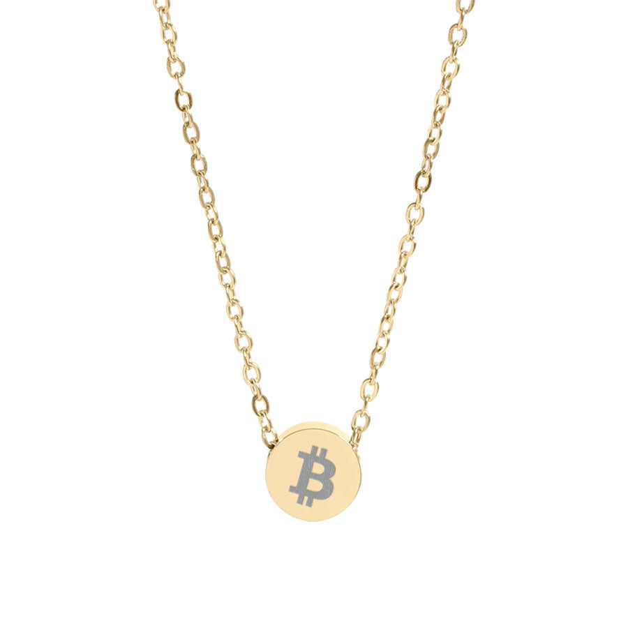Gold necklace with a Bitcoin symbol pendant on a white background