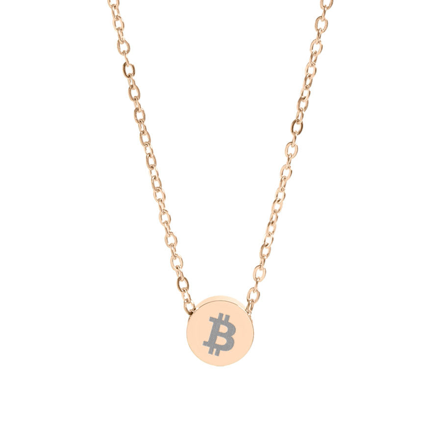 Gold necklace with a round pendant featuring the Bitcoin symbol on a white background