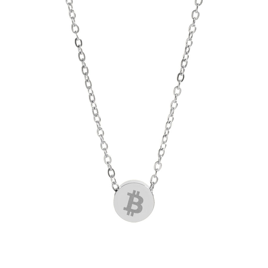 Silver necklace with a round pendant featuring the Bitcoin symbol on a white background