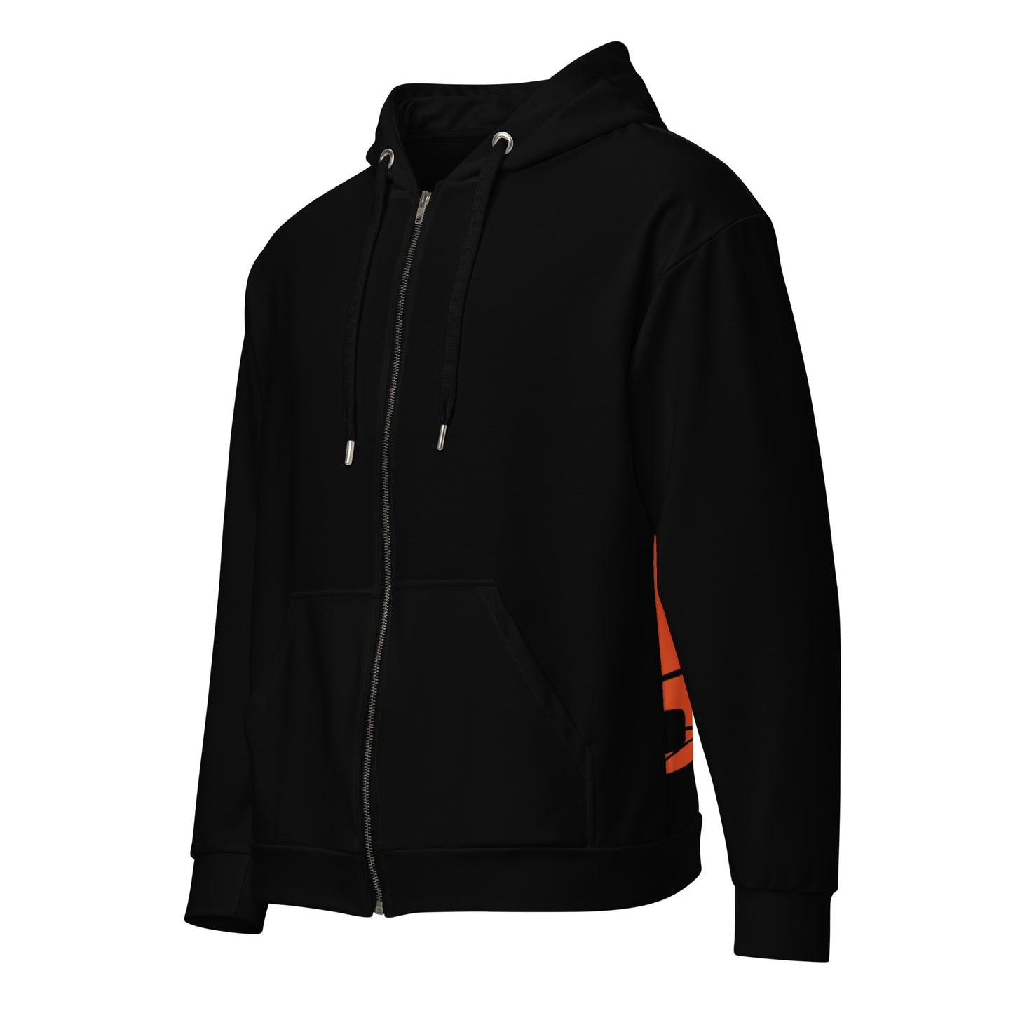 Black hoodie with orange sleeve design on a white background