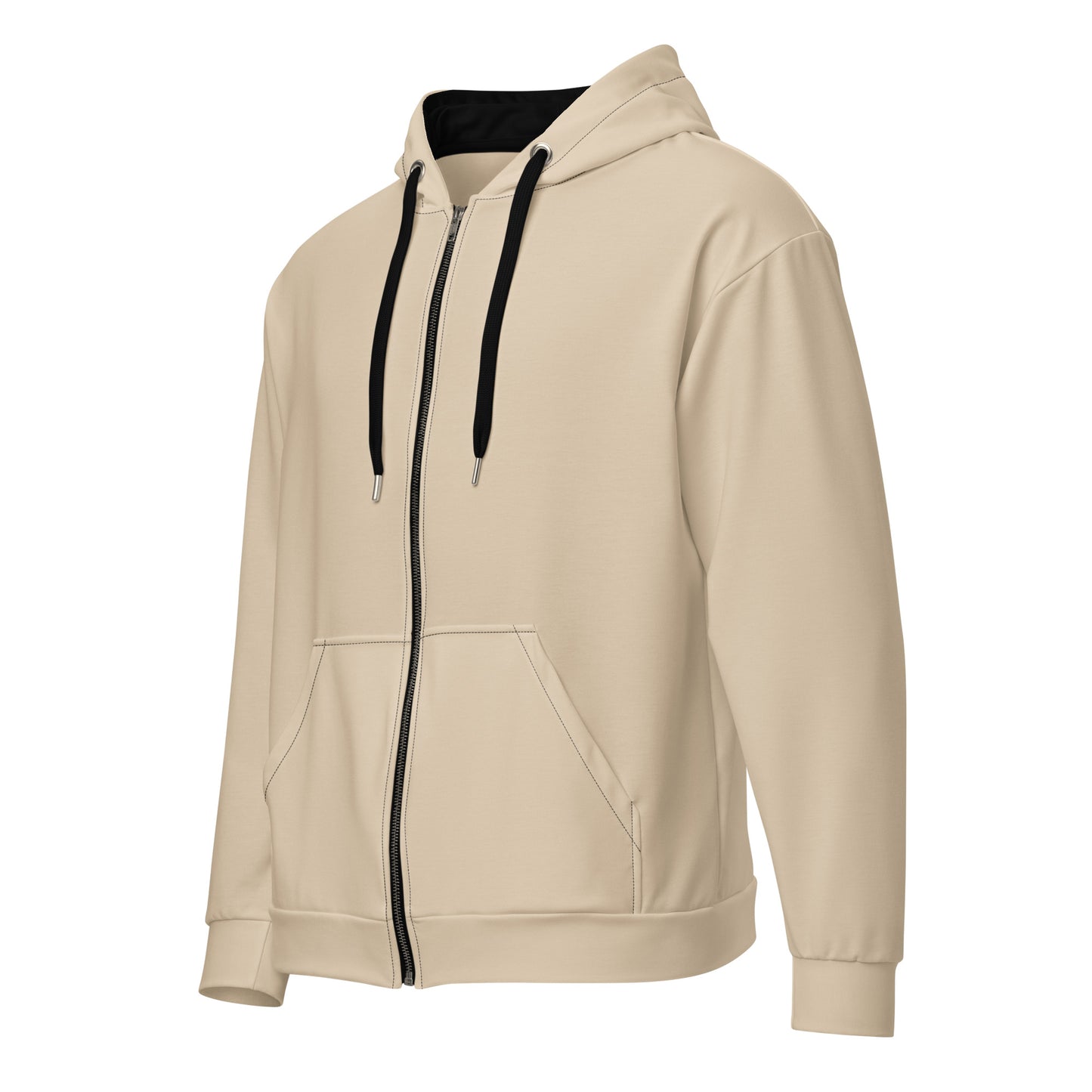 Beige hoodie with black zipper on a white background