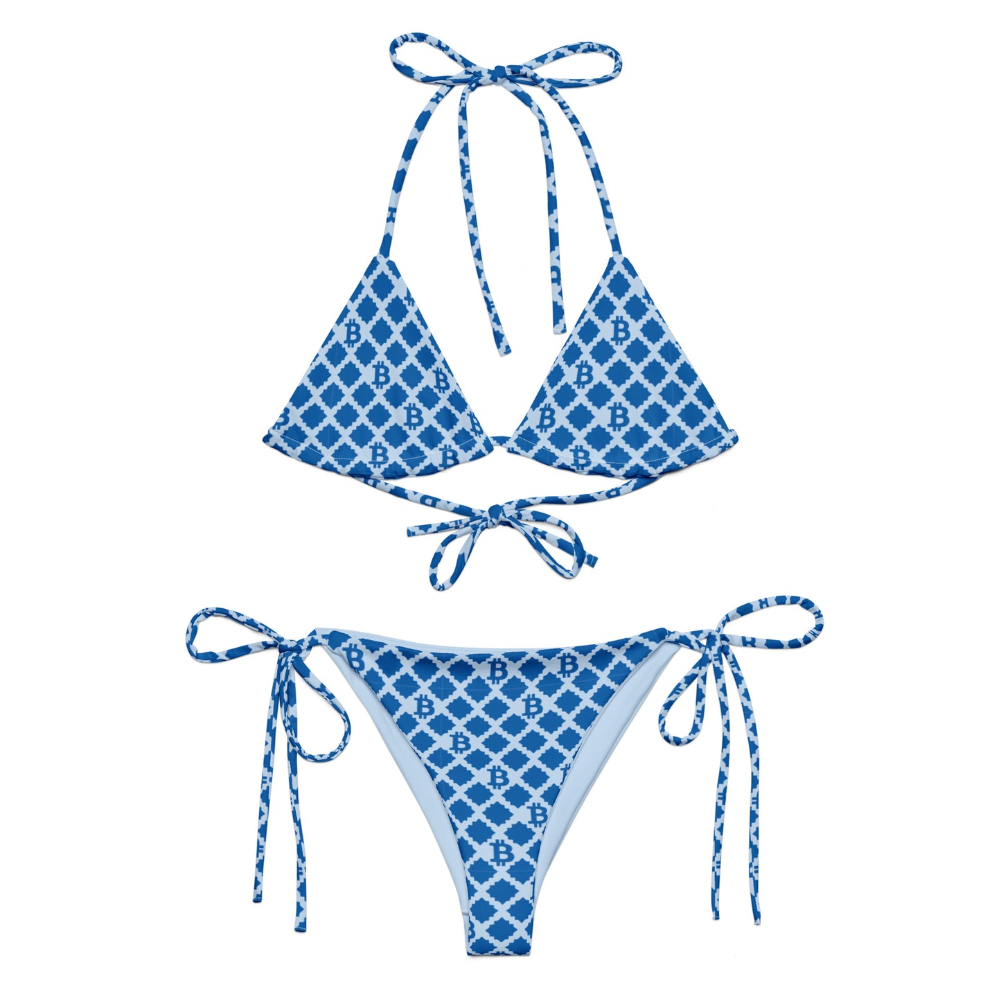 Blue bitcoin patterned bikini set on a white background