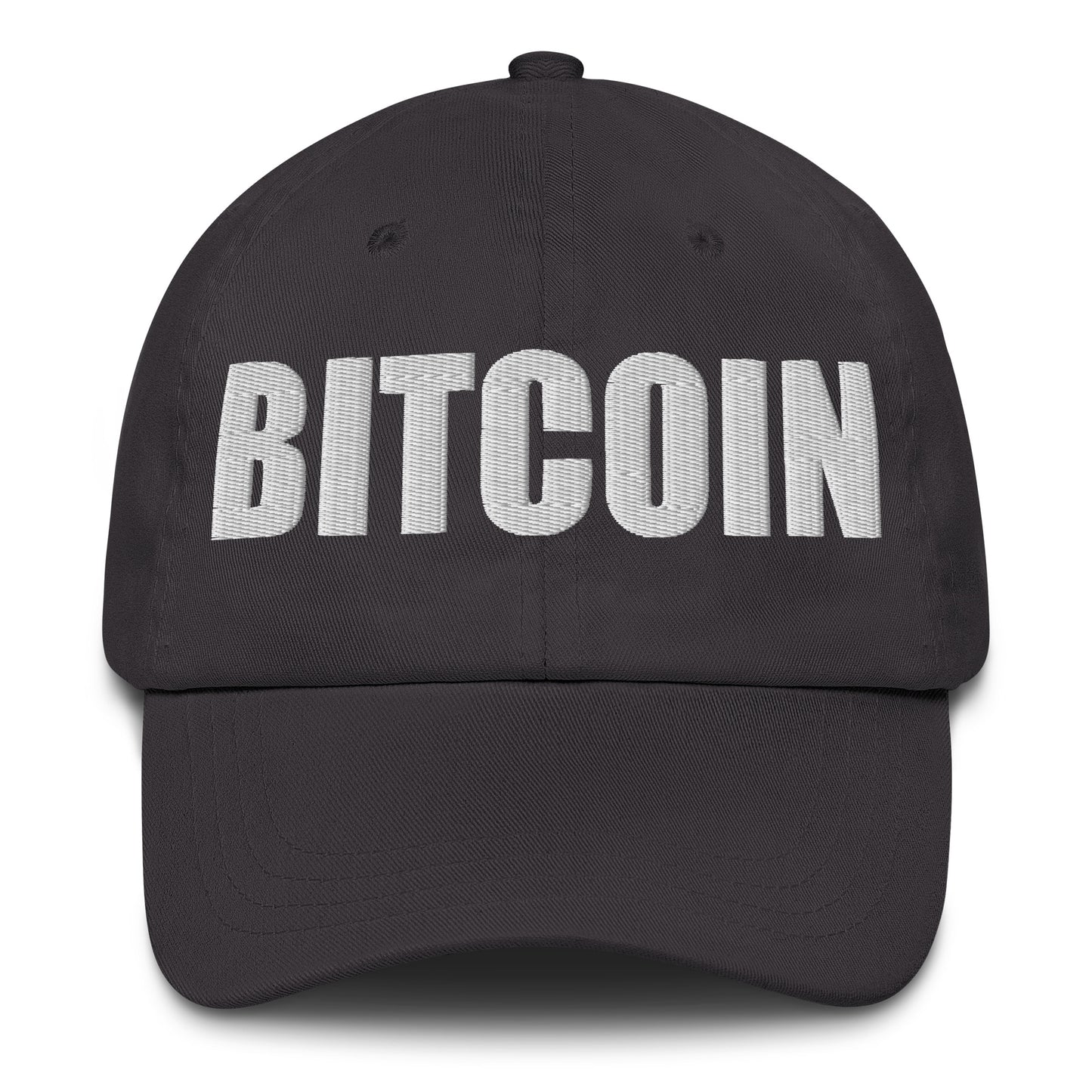 grey cap with 'BITCOIN' embroidered on it against a white background