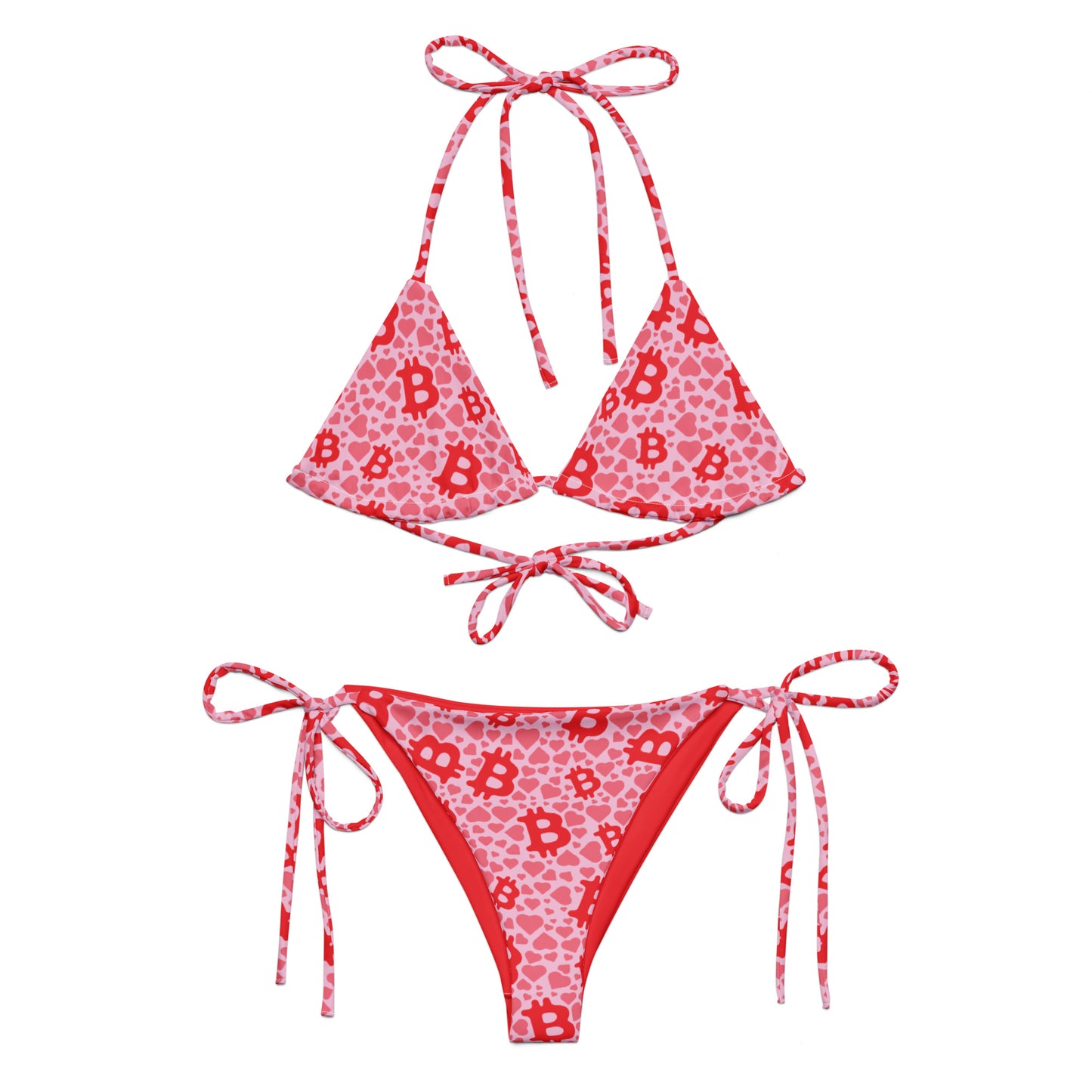 Red and pink bikini set with letter 'B' bitcoin and hearts pattern on a white background