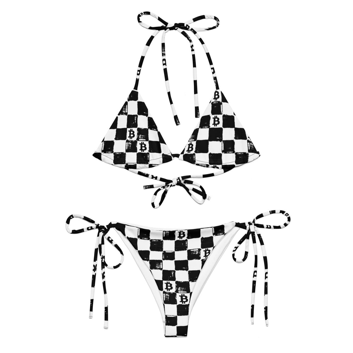 Black and white checkered bikini set with bitcoin 'B' logo on a white background