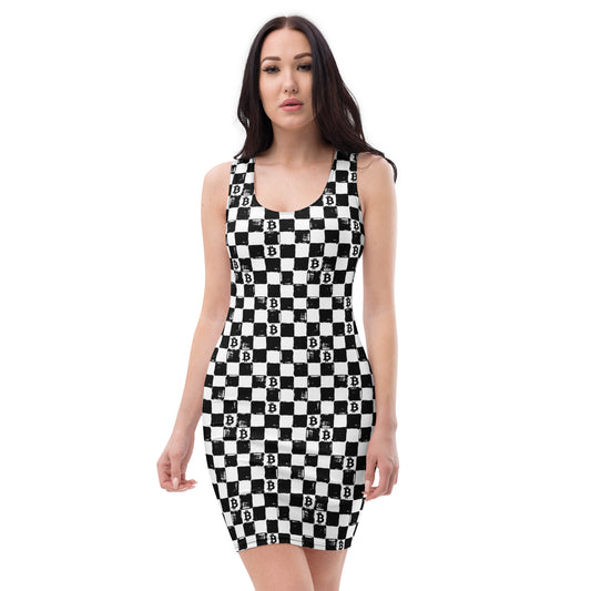 Woman wearing a black and white checkered dress with bitcoin pattern on a white background