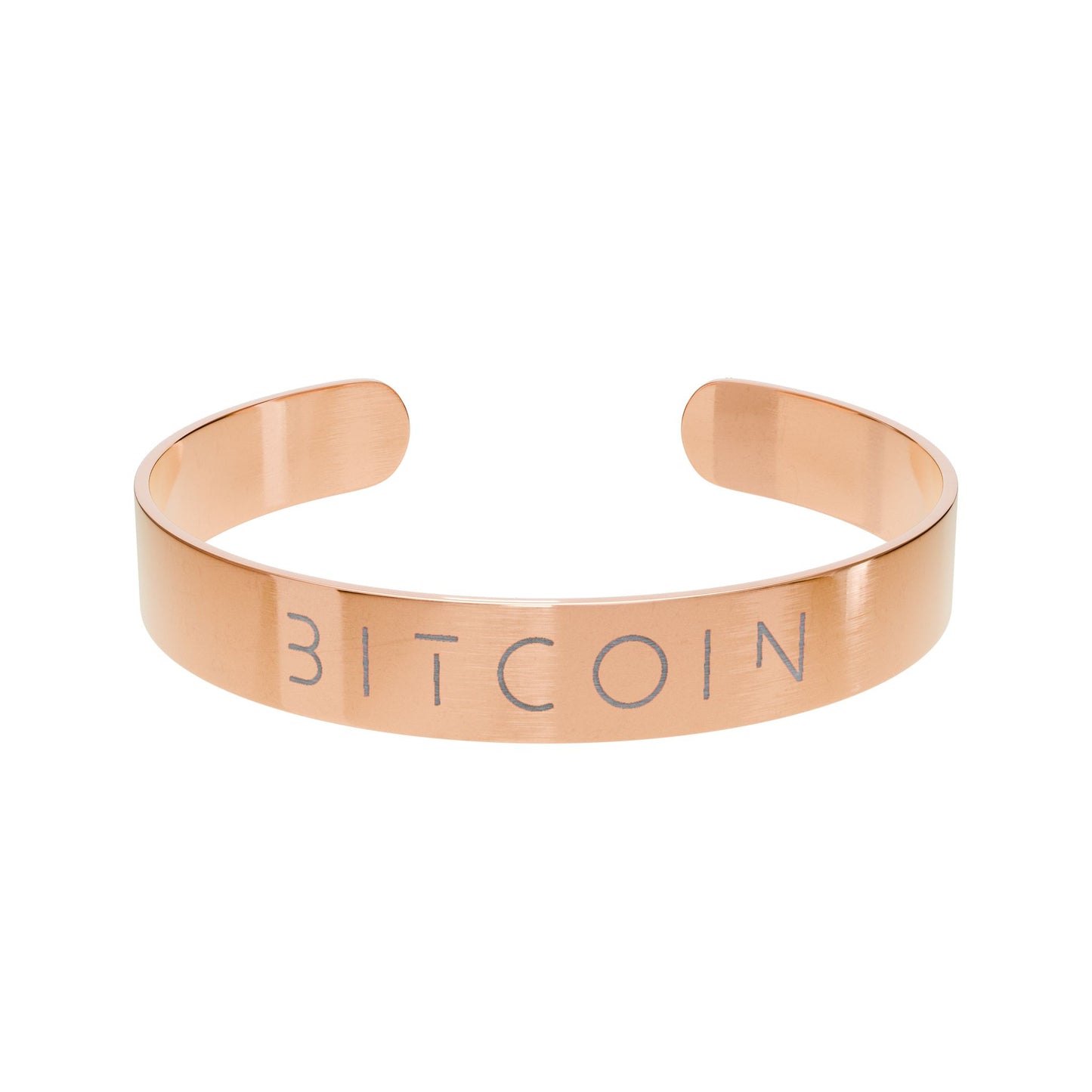 Rose gold bracelet with 'BITCOIN' engraving on a white background