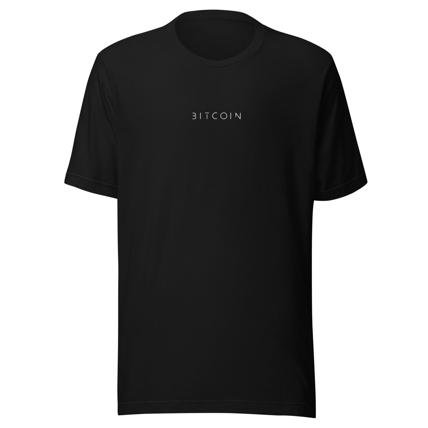 Black t-shirt with 'BITCOIN' text on a white background