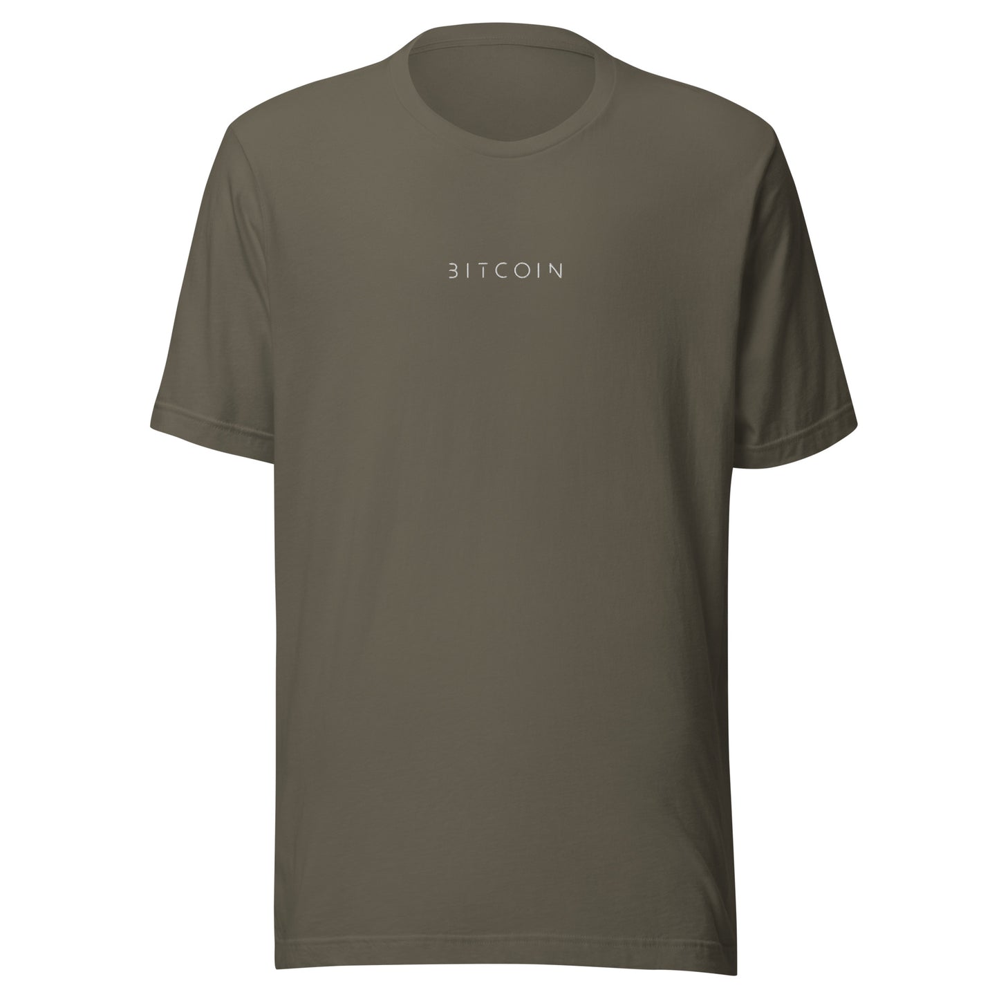 Green t-shirt with 'BITCOIN' text on a white background