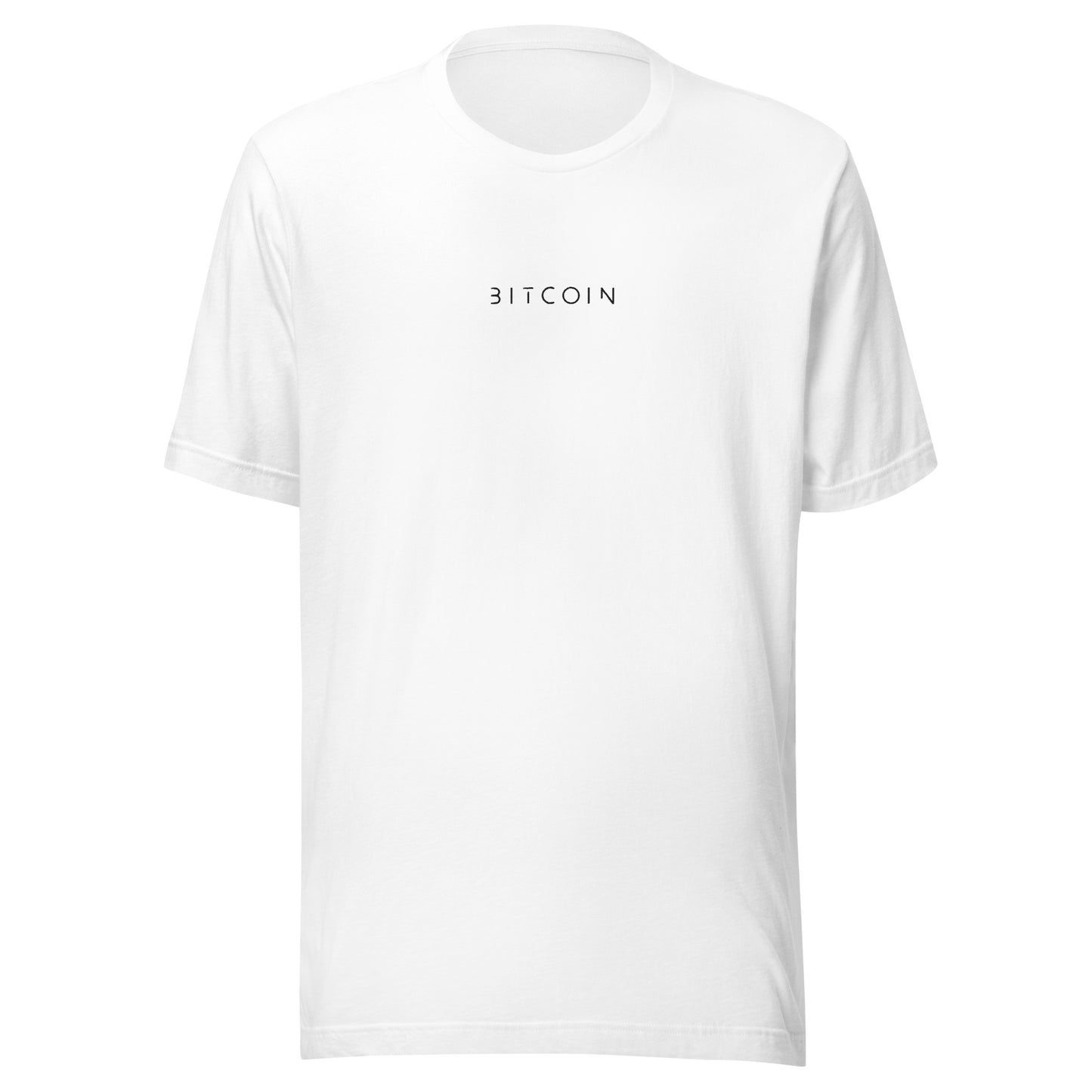 White t-shirt with 'BITCOIN' text on a white background