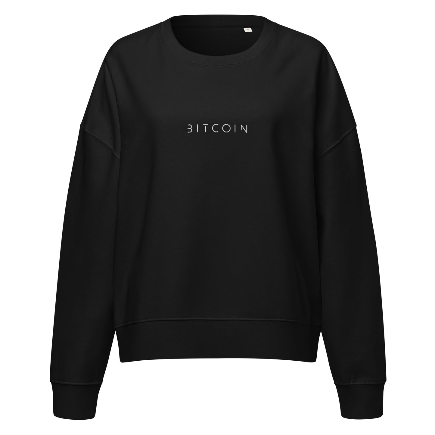 Black sweatshirt with 'BITCOIN' text on a white background