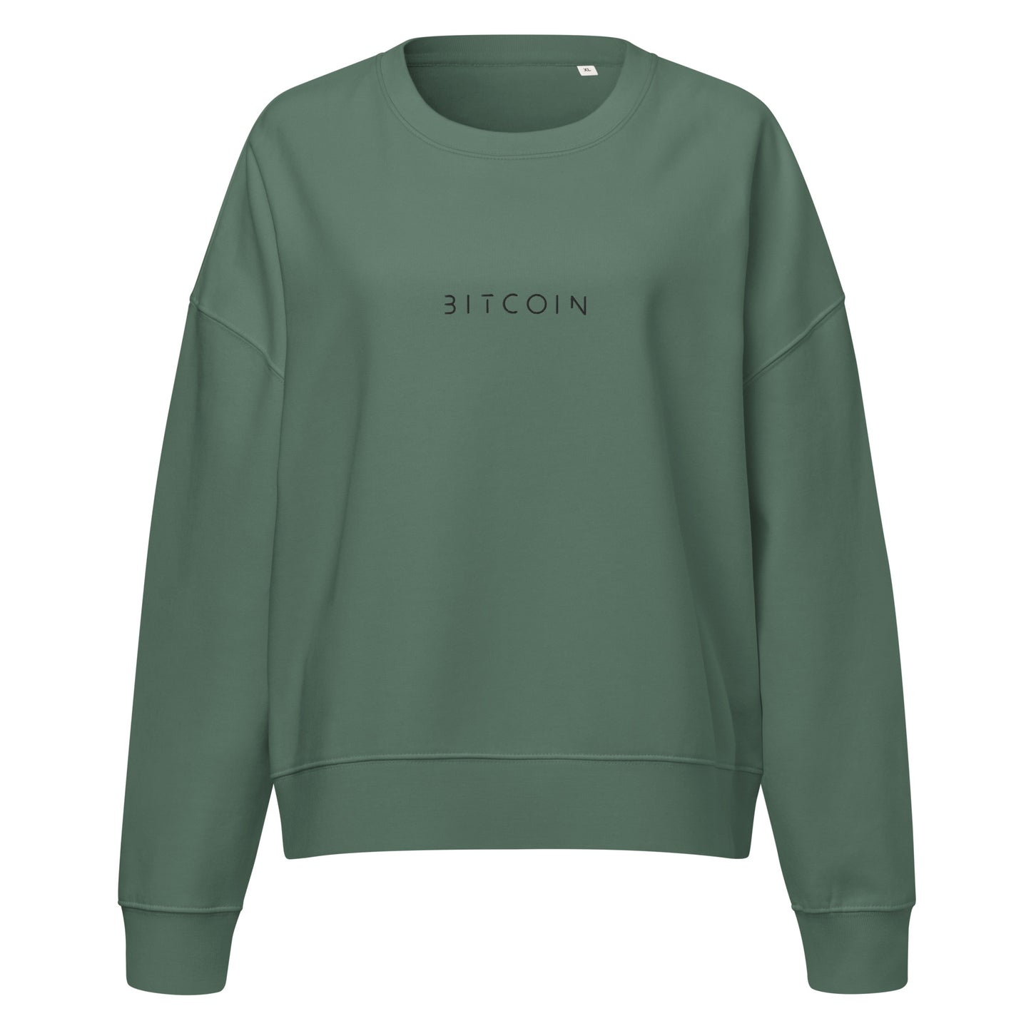 Green sweatshirt with 'BITCOIN' text on a white background