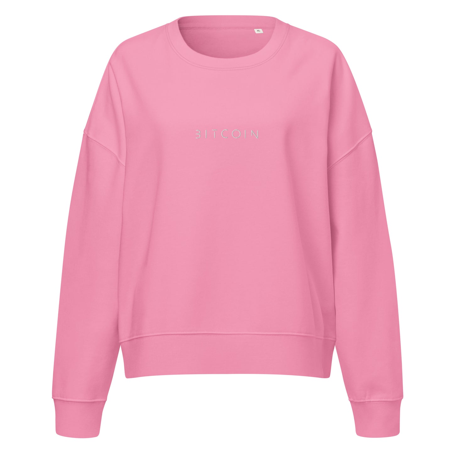 Pink sweatshirt with 'bitcoin' branding on a white background