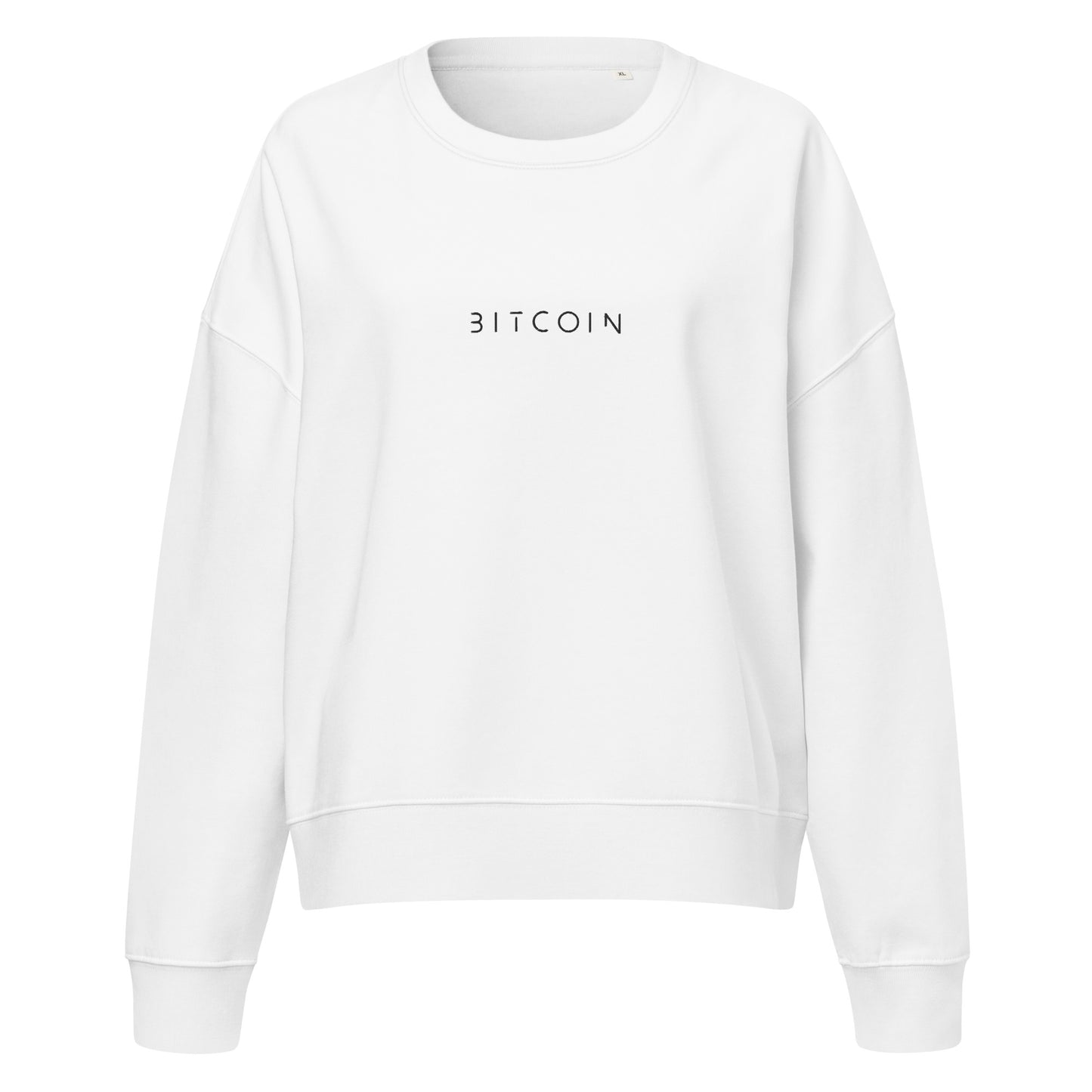 White sweatshirt with 'BITCOIN' text on a white background