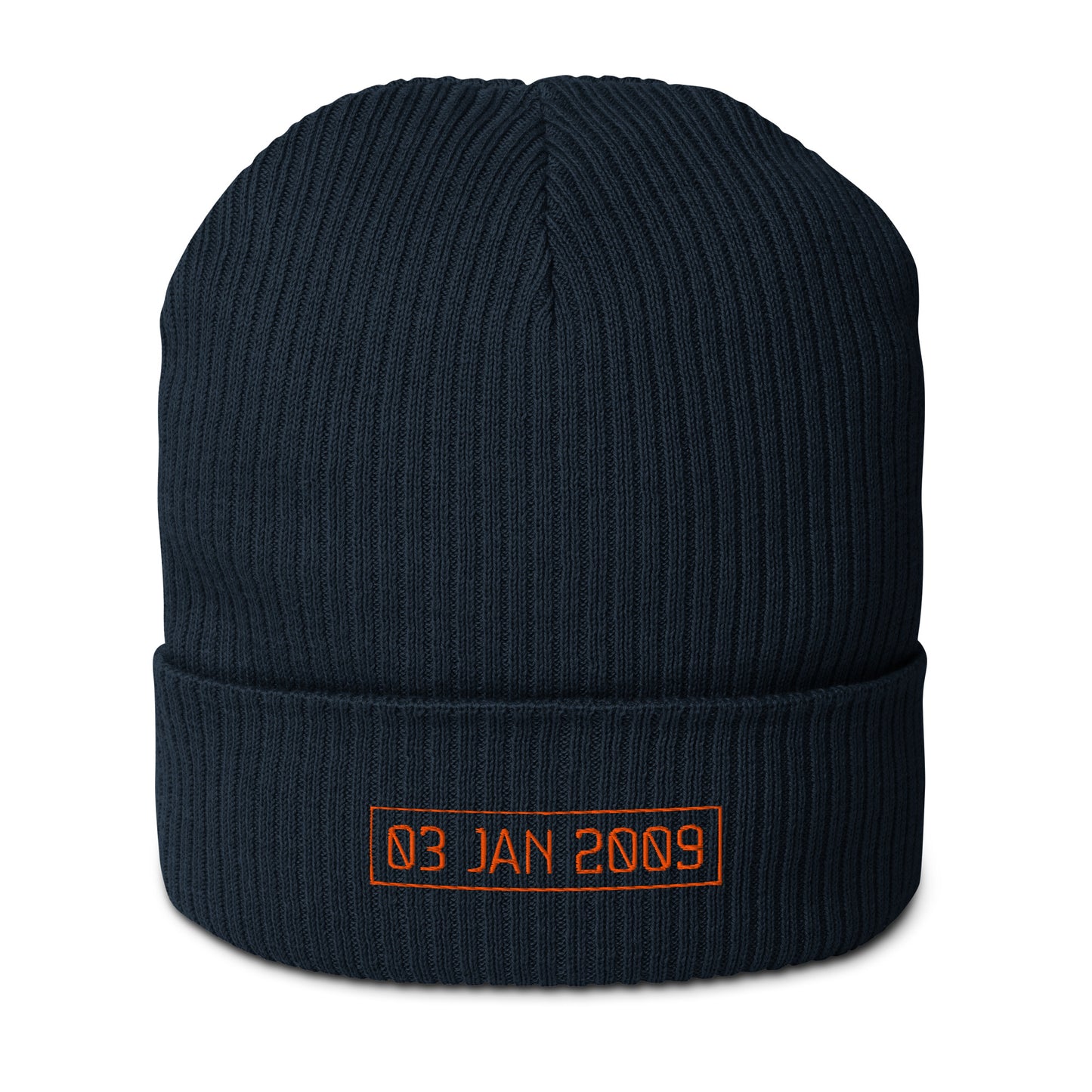 Black beanie with orange genesis block text on a white background