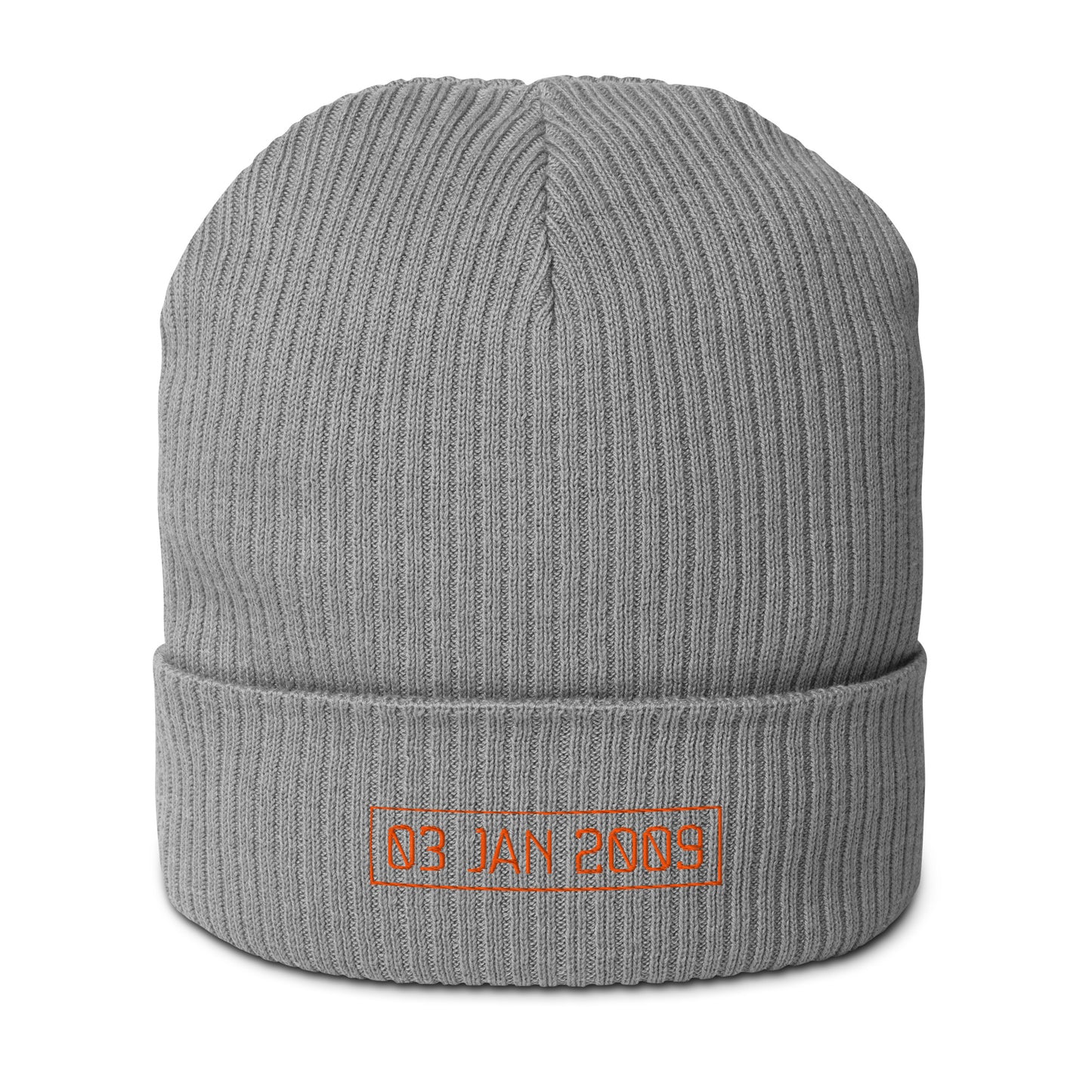 Gray beanie with orange genesis block date text on a white background