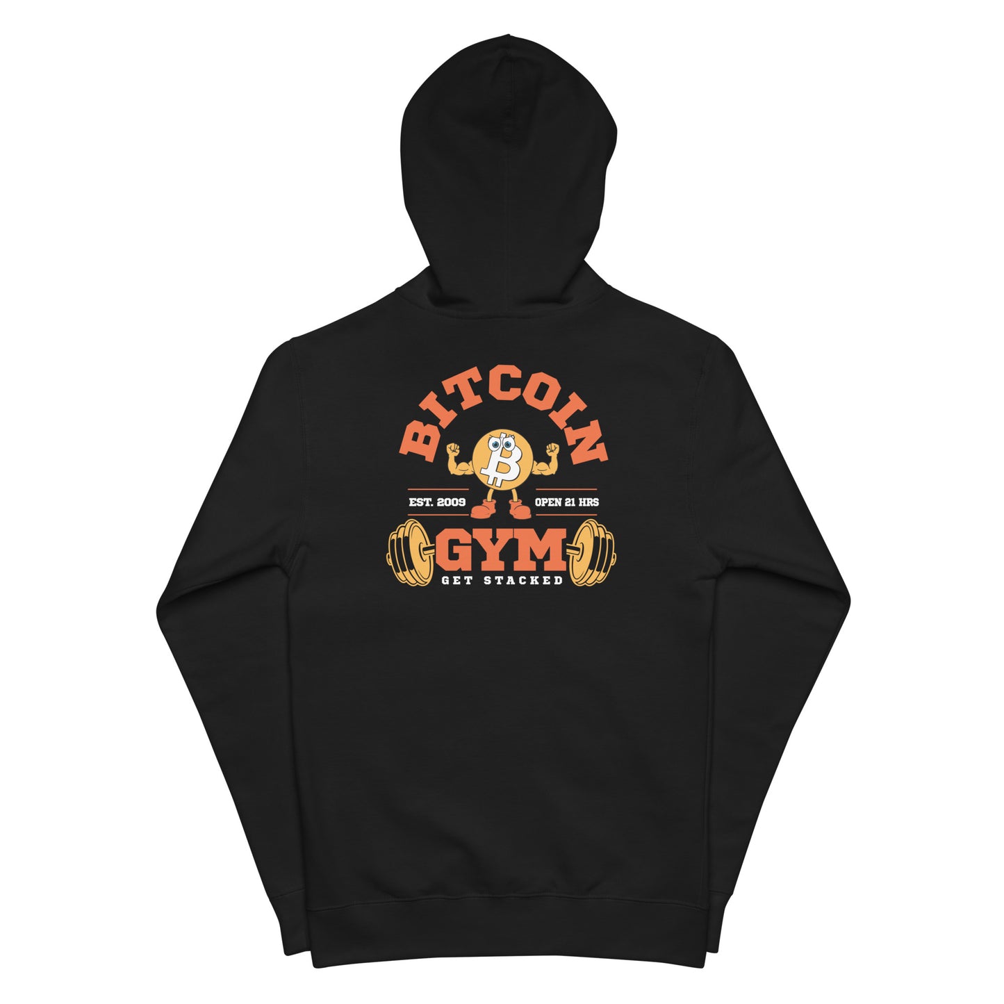 Black hoodie with Bitcoin Gym graphic on a white background