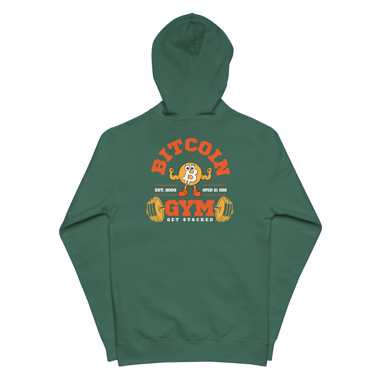 Green hoodie with Bitcoin Gym graphic on a white background