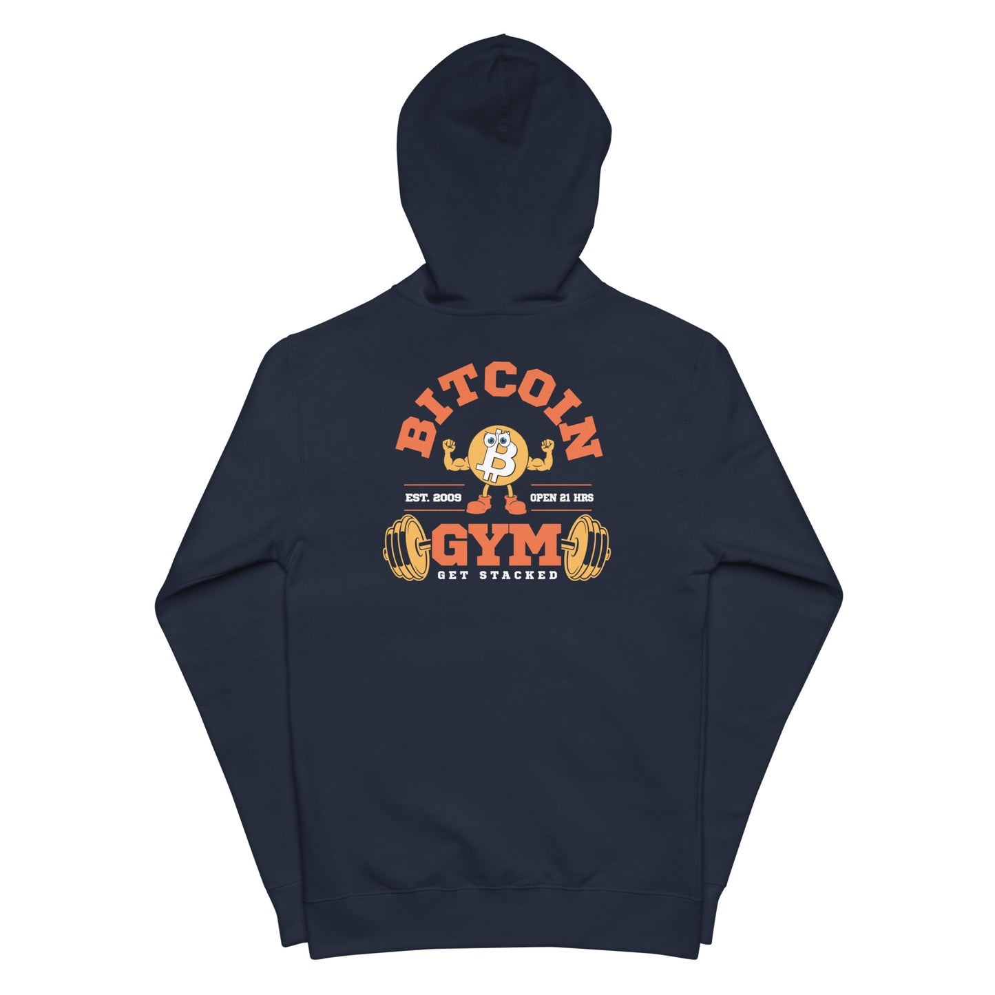 Navy hoodie with Bitcoin Gym graphic on a white background