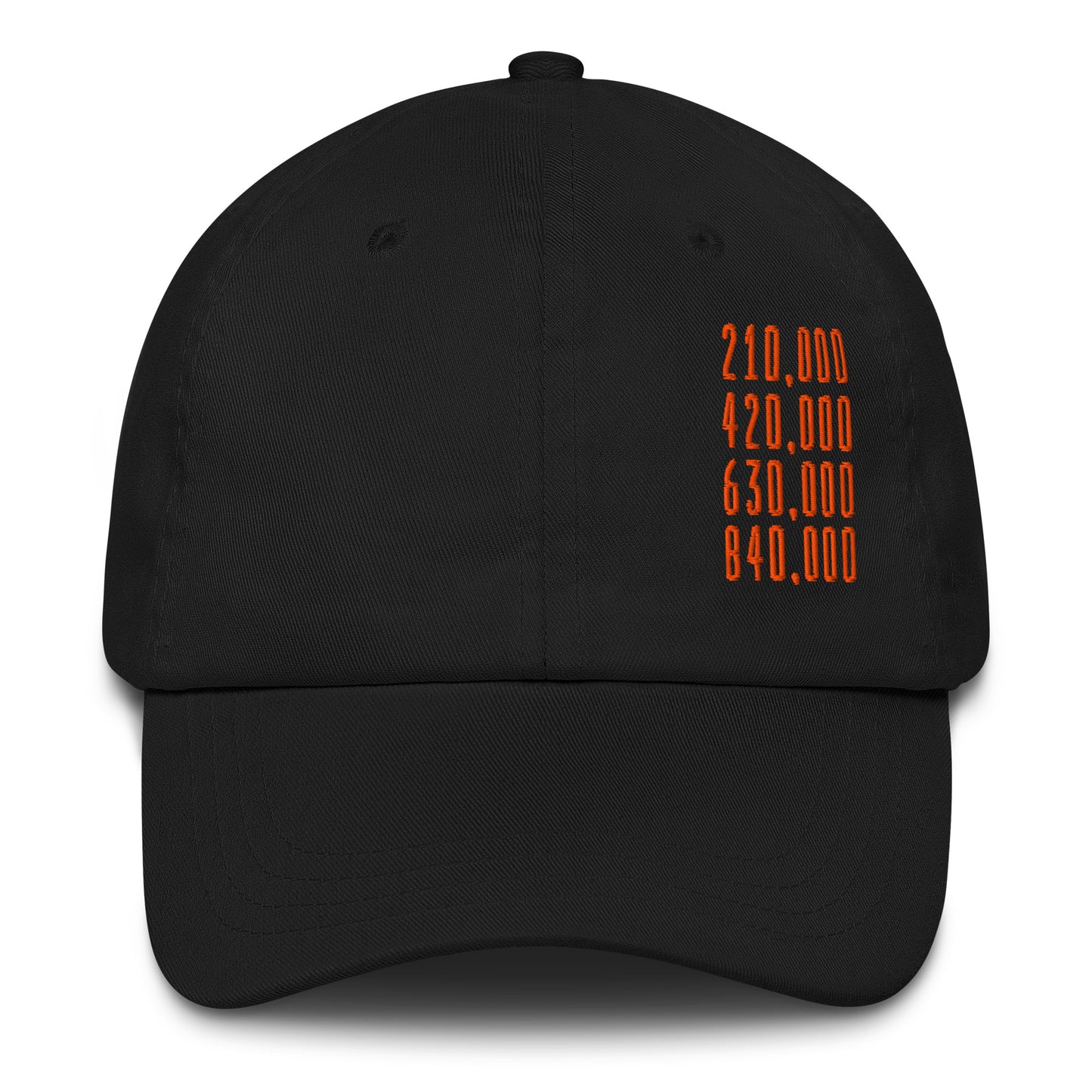 Black cap with orange bitcoin halving block heights text on a white background
