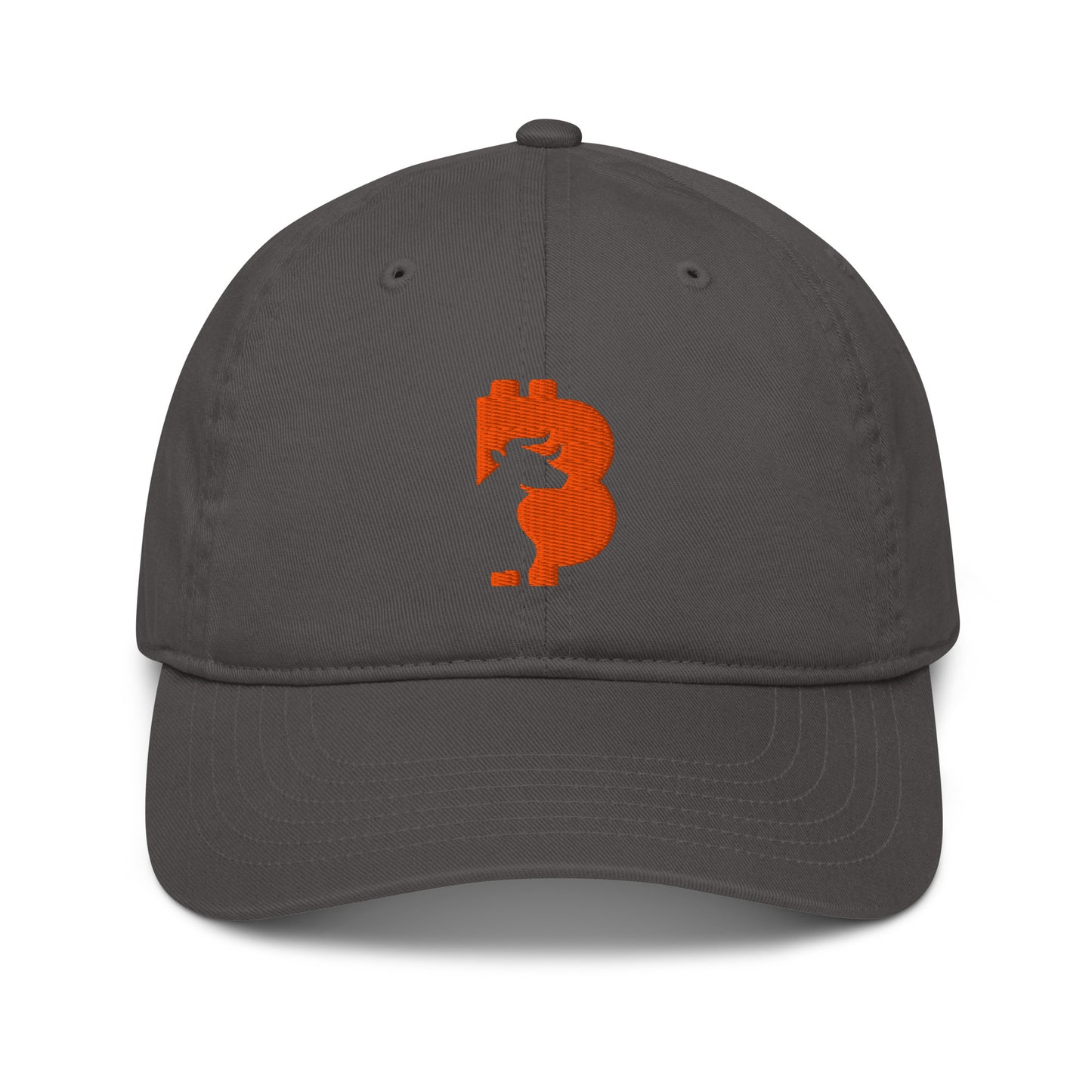 Dark gray cap with an orange bitcoin bull logo on a white background