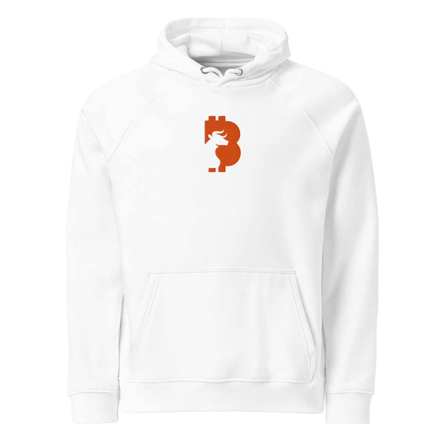 White hoodie with an orange bitcoin bull logo on a white background