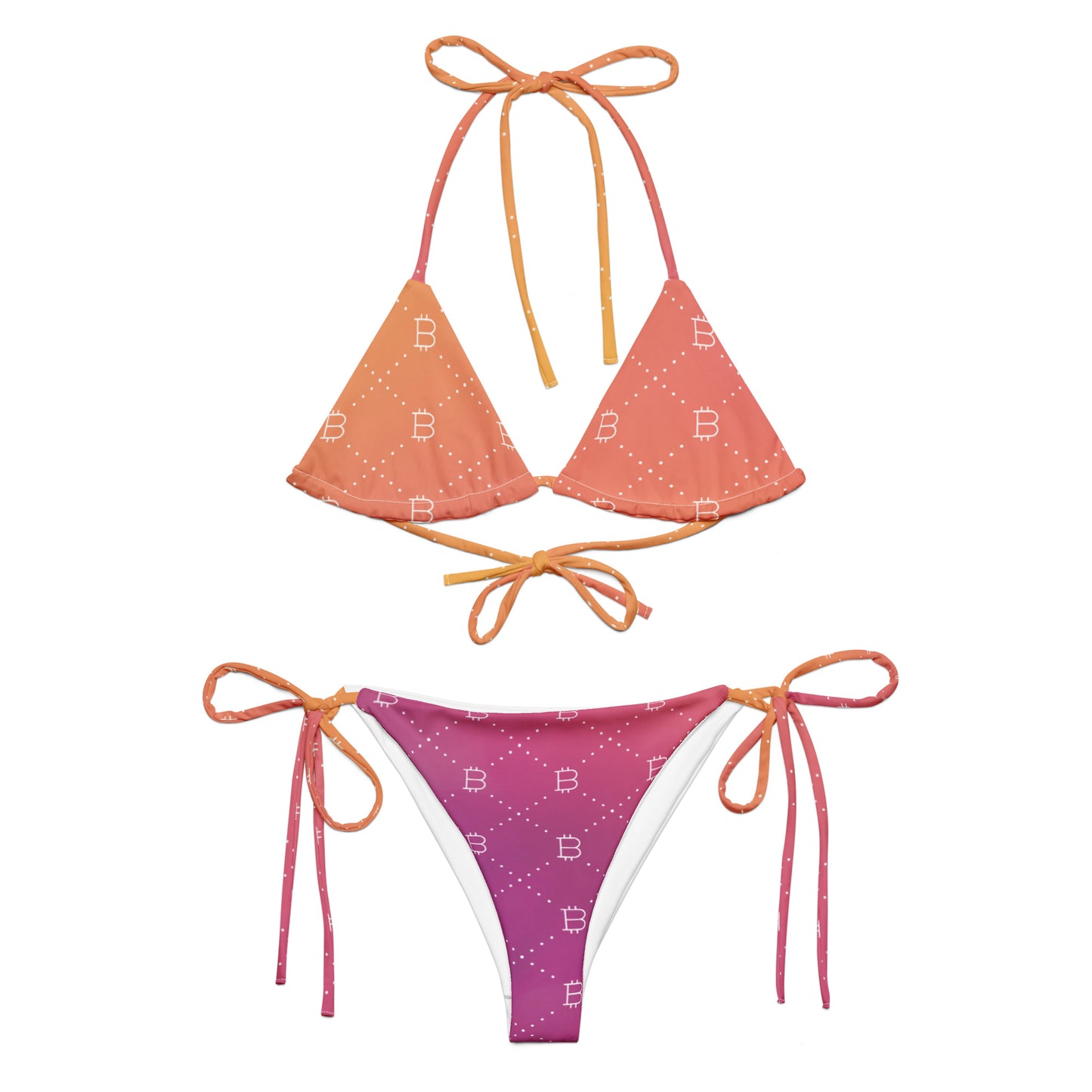 Two-piece bitcoin bikini set with orange and pink gradient design on a white background