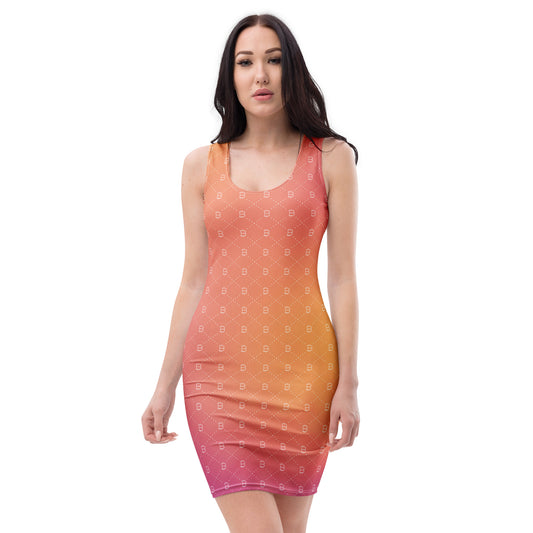 Woman wearing a gradient dress with geometric bitcoin pattern on a white background