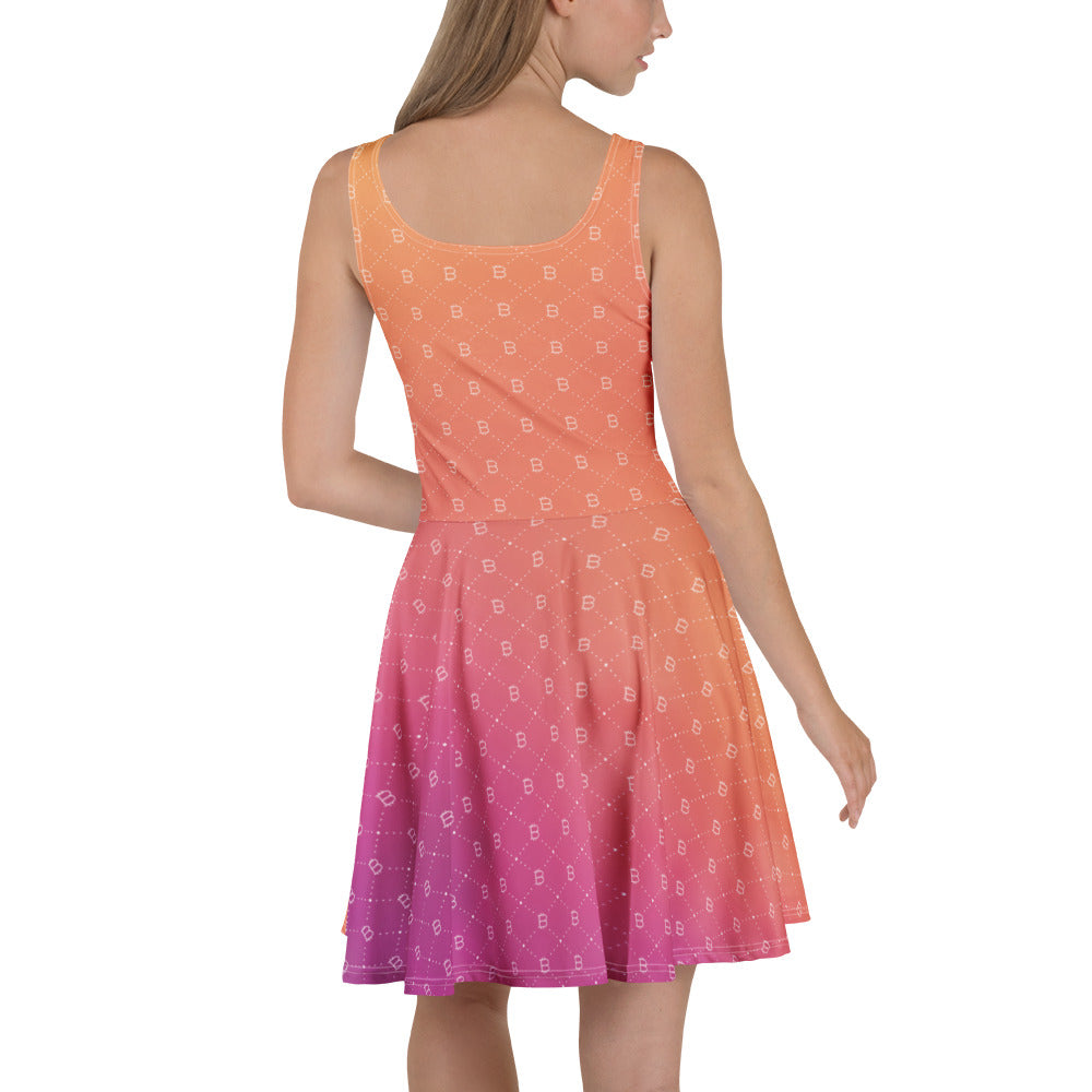 Woman wearing a sleeveless dress with an orange to pink bitcoin gradient on a white background
